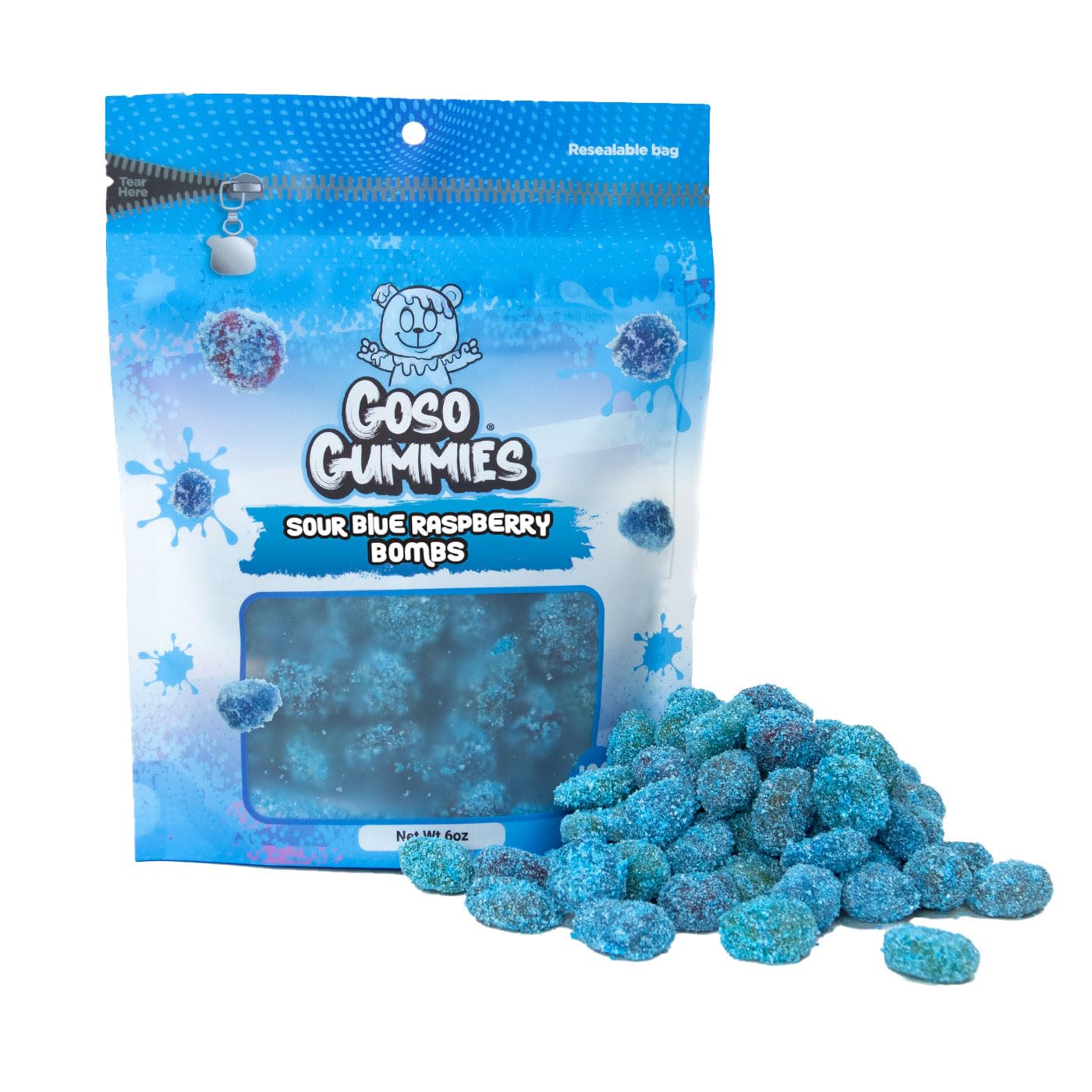 Goso Gummies Sour Blue Raspberry Gusher Bombs – 6oz Resealable Bag – Sour Blue Raspberry Filled Gusher Candy