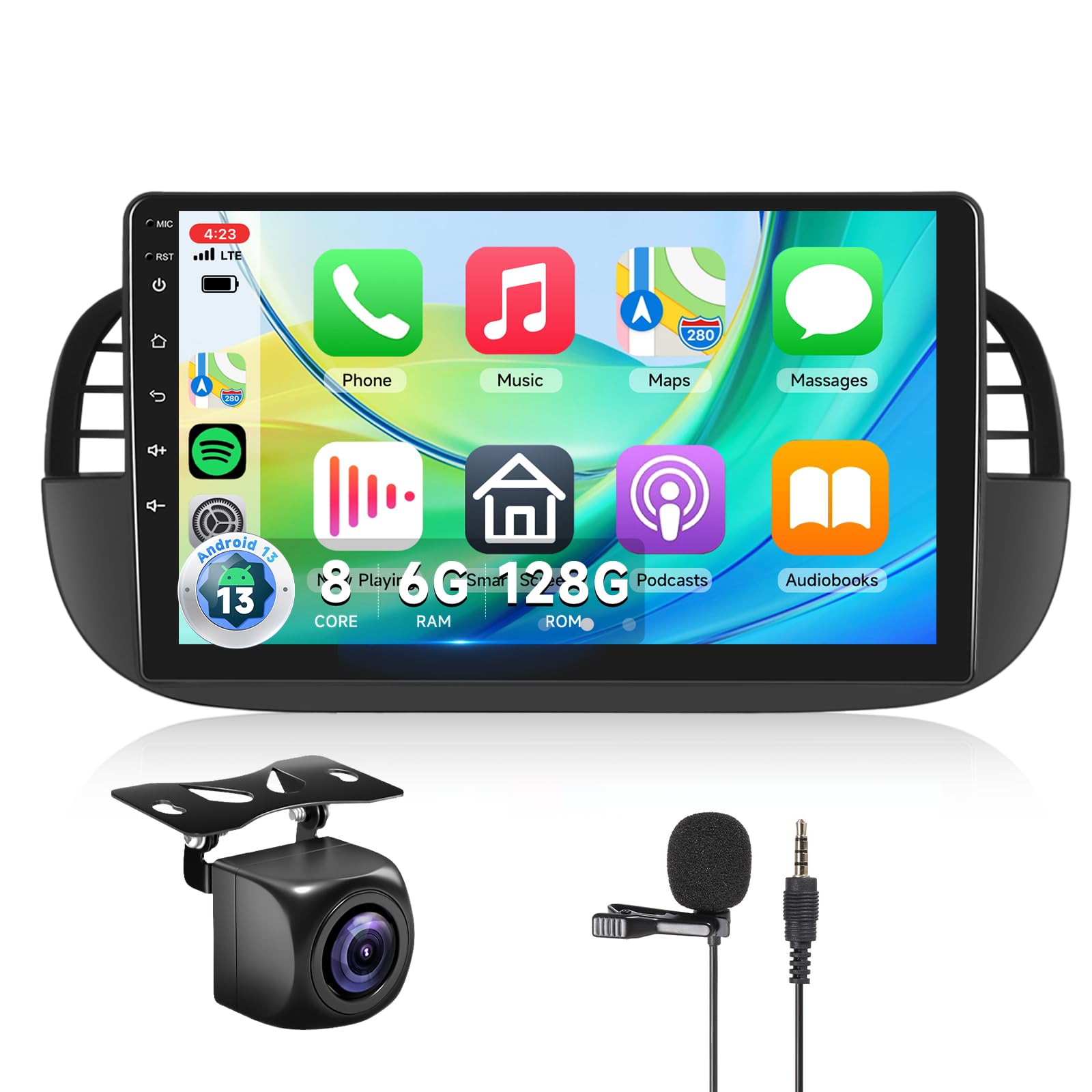 8 Kern 4 64G] Hodozzy Carplay Autoradio für FIAT 500 2007-2015, 9 Zoll Touchscreen Android Autoradio mit Android Auto/WiFi/GPS/RDS/FM/Bluetooth/USB Rückfahrkamera