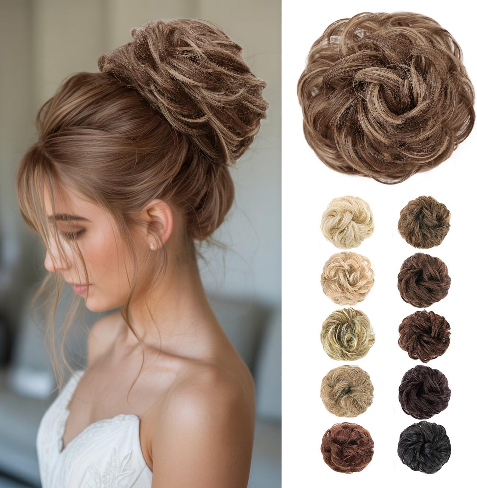 MORICA Messy Hair Bun Hair Scrunchies Extension Curly Wavy fake hair bun Synthetic Chignon hair pieces for Women(Caramel Brown with Blonde Highlights)
