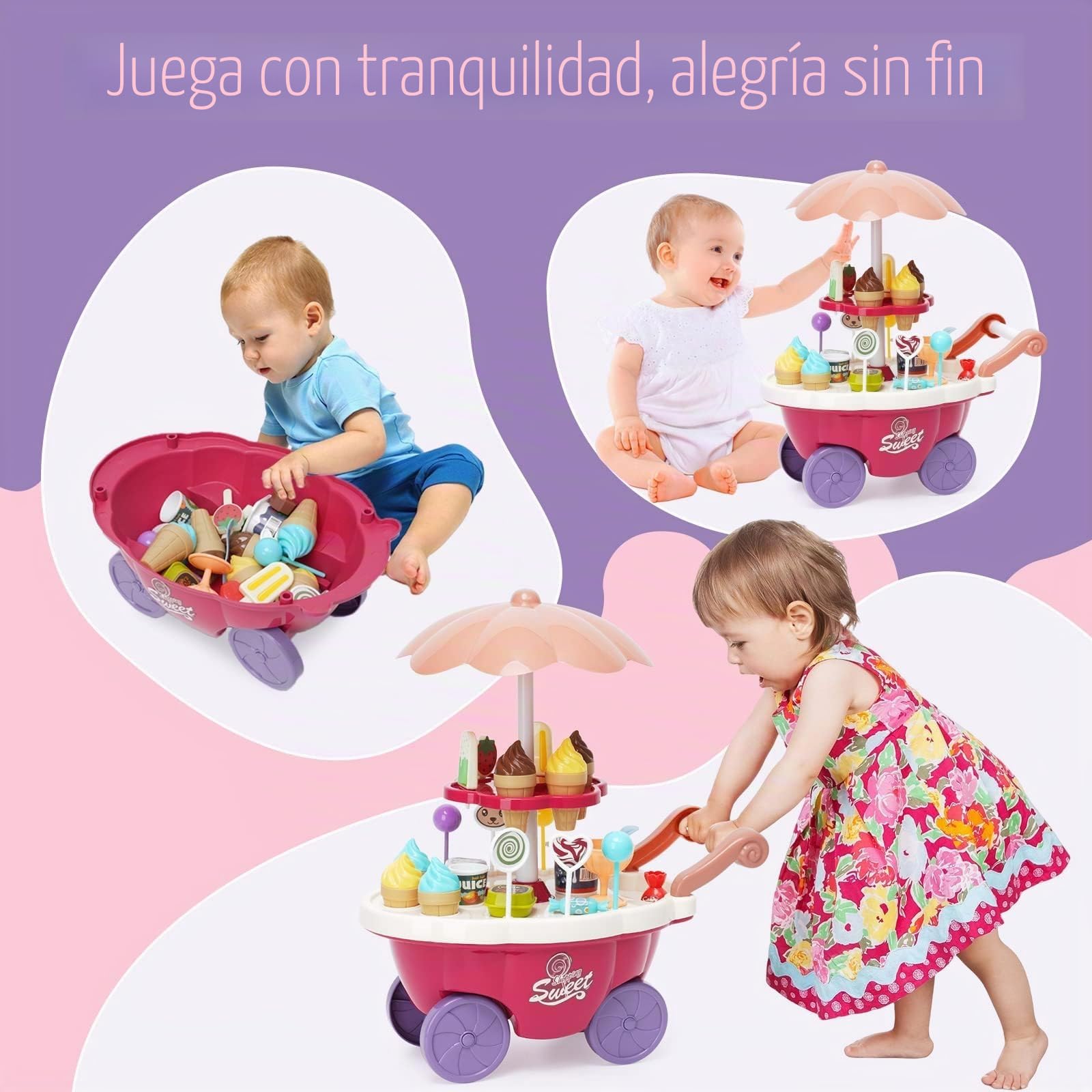 Carrito de Helados para Niños, Heladeria Juguete 36 Piezas , Juguete de Helado con Piruletas de Chocolate, Tienda de Helados Educativos Regalo para Niñas 3 4 5 6 años