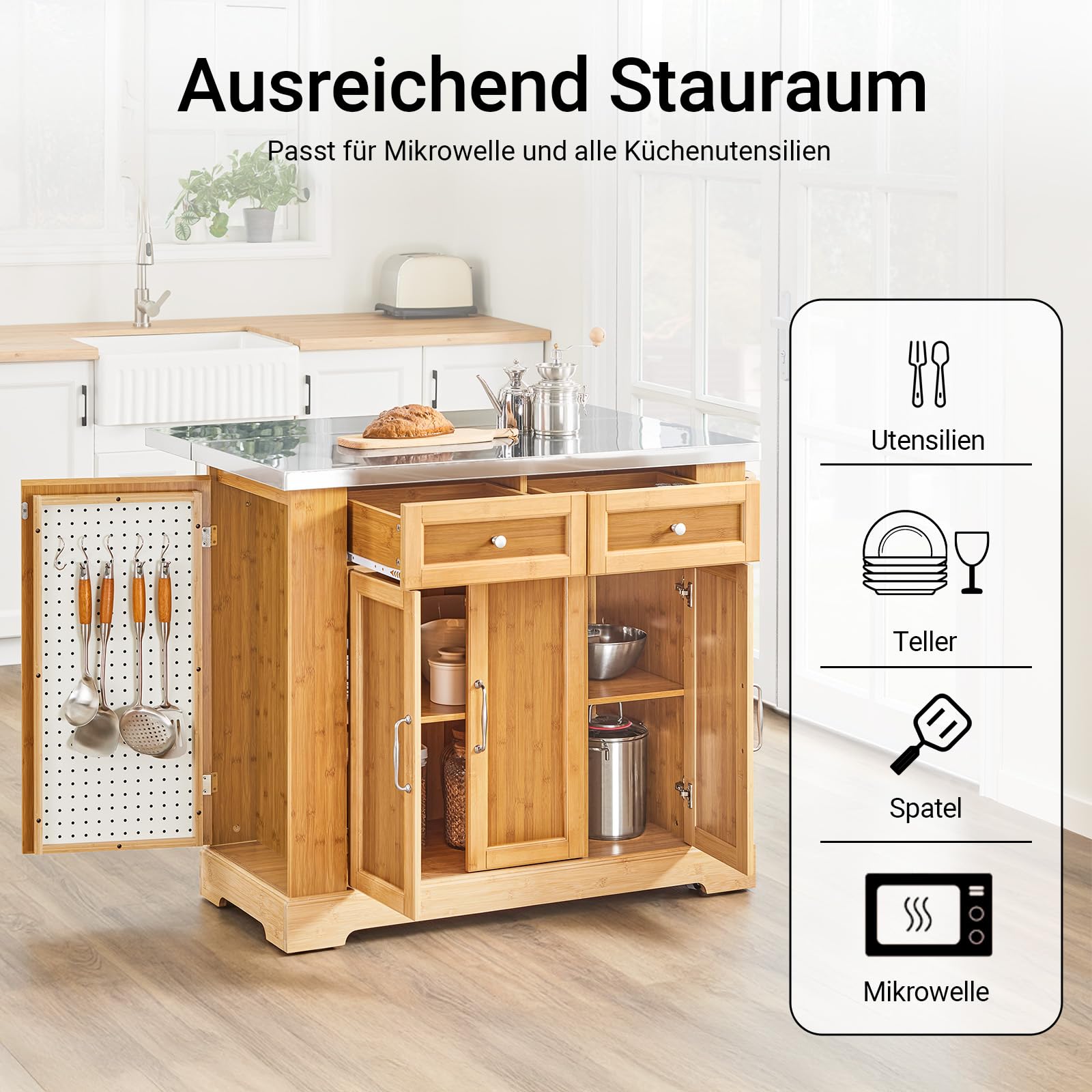 SoBuy Kücheninsel freistehend mit ausziehbarer Edelstahl-Arbeitsplatte – Küchenwagen mit Schubladen für Küche, Esszimmer und Garten, Innen- und Außenbereich, Naturholz, 107x92,5X(46–71) cm, FKW130-N