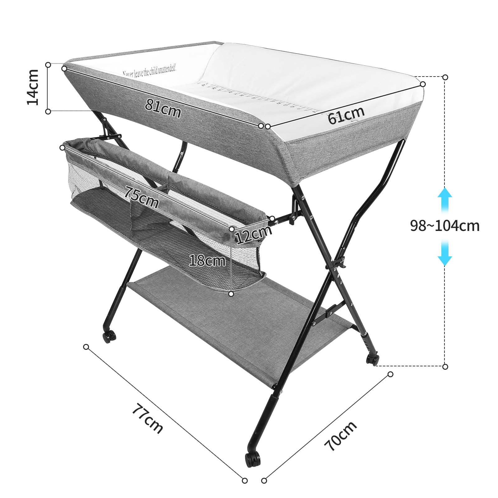 OHMG Cambiador plegable para bebé, cambiador con ruedas, cambiador móvil con cambiador, cinturón de seguridad y compartimentos de almacenamiento, resistente al agua y altura ajustable, estable