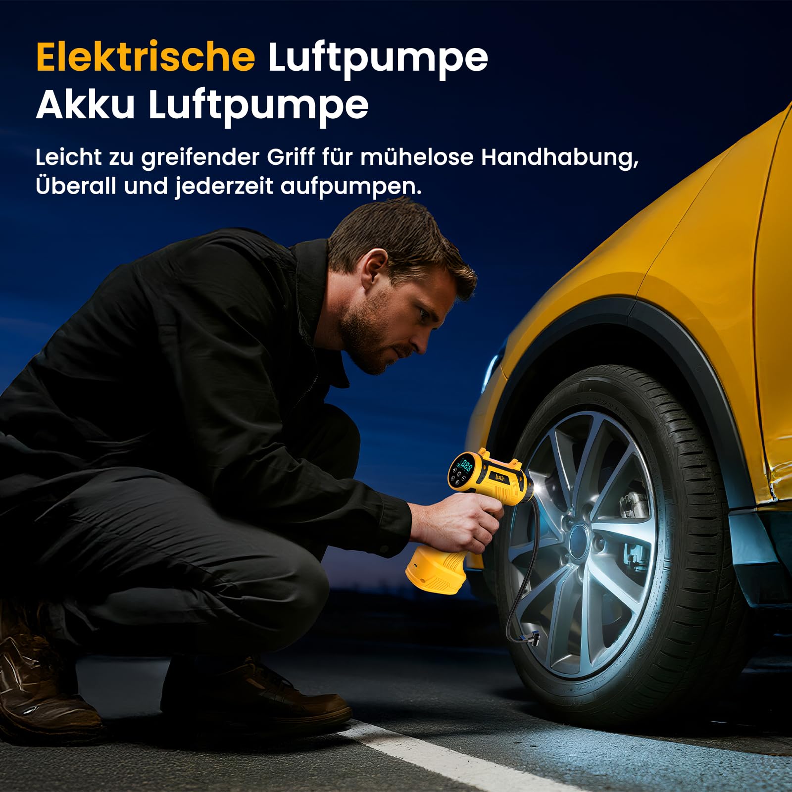 Pompe à air électrique pour Voiture - Pompe à vélo Portable - 150 PSI - Compresseur de Batterie 22 l/Min avec Affichage LED/lumière - 4 Modes préréglés pour Voiture/vélo/Moto/Ballon