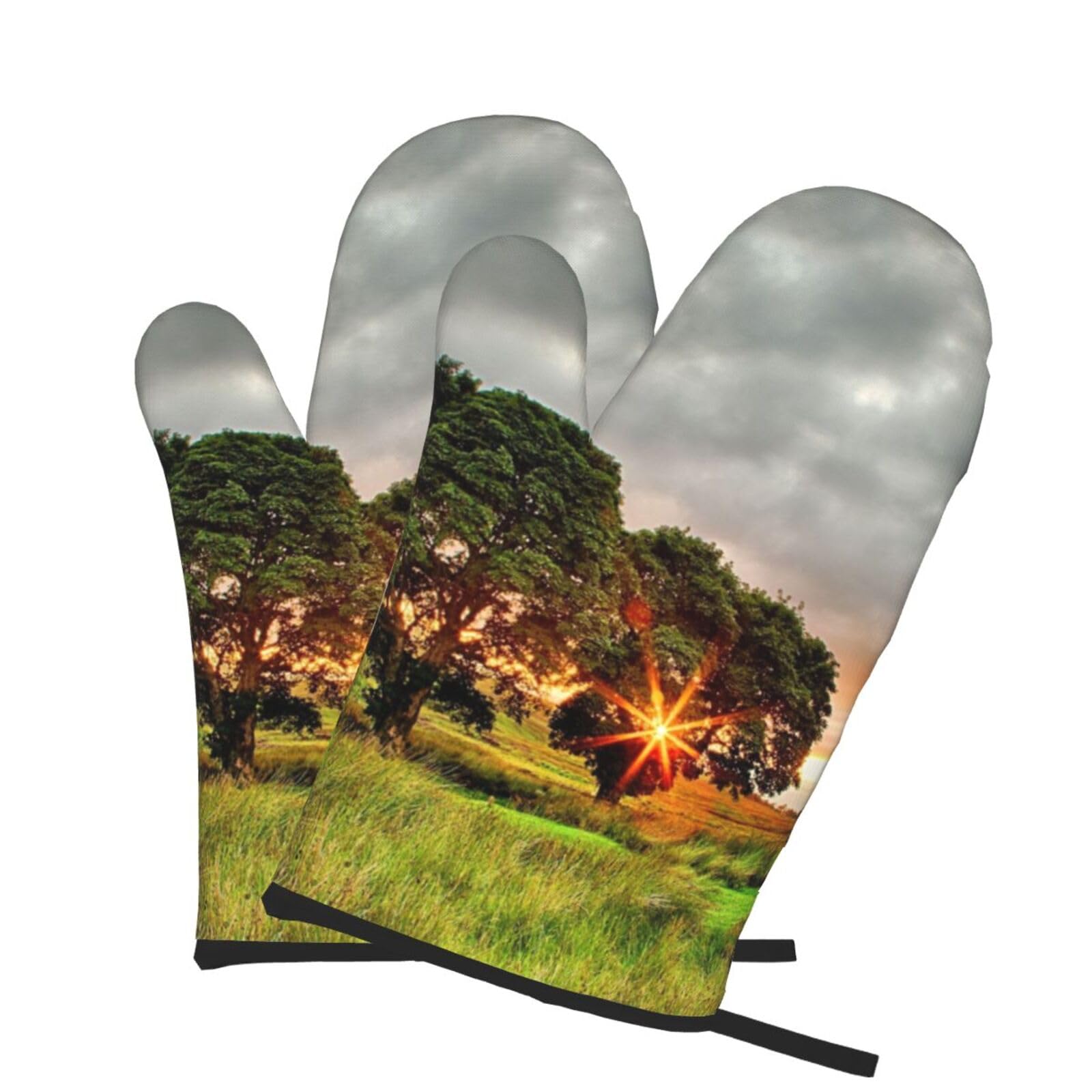 Oven Mitts Set of 2 Pcs, Natural Sunrise Prints Heat Resistant Kitchen Gloves for Cooking Baking Grilling