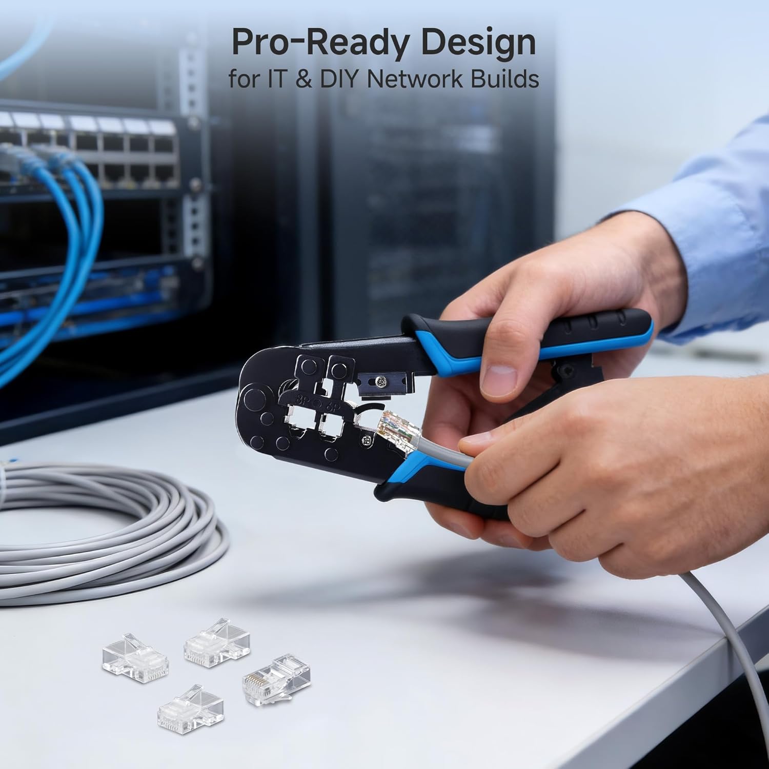 Cable Matters Modular RJ45 Crimp Tool (Ethernet Crimper) with Built-in Wire Cutter and Stripper - 10-Pack Cat6 RJ45 Connectors Included