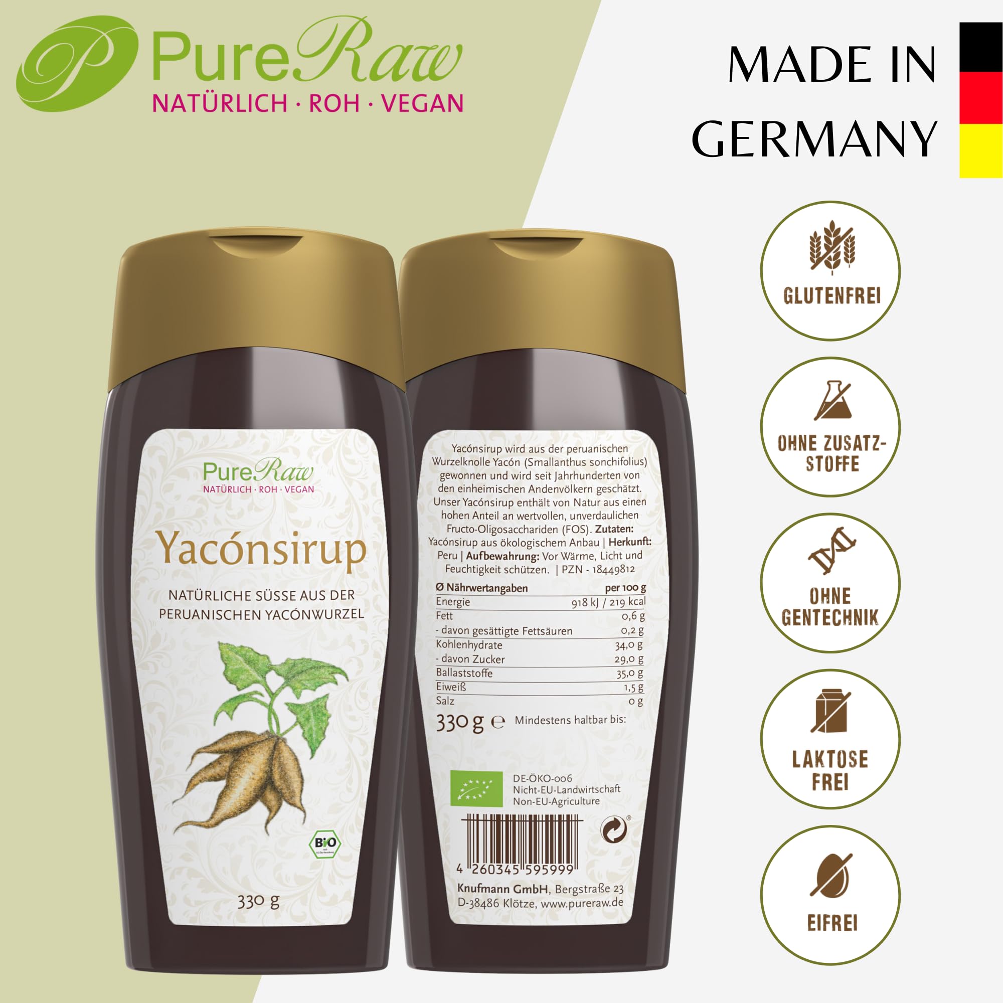 Bio Yacon 3er Set - Yacon Sirup 330g, Yacon Pulver 170g & Yacon Snack 80g PureRaw - reich an Ballasstoffen, frei von Zusatzstoffen, vielfälltig Verwendbar I PureRaw
