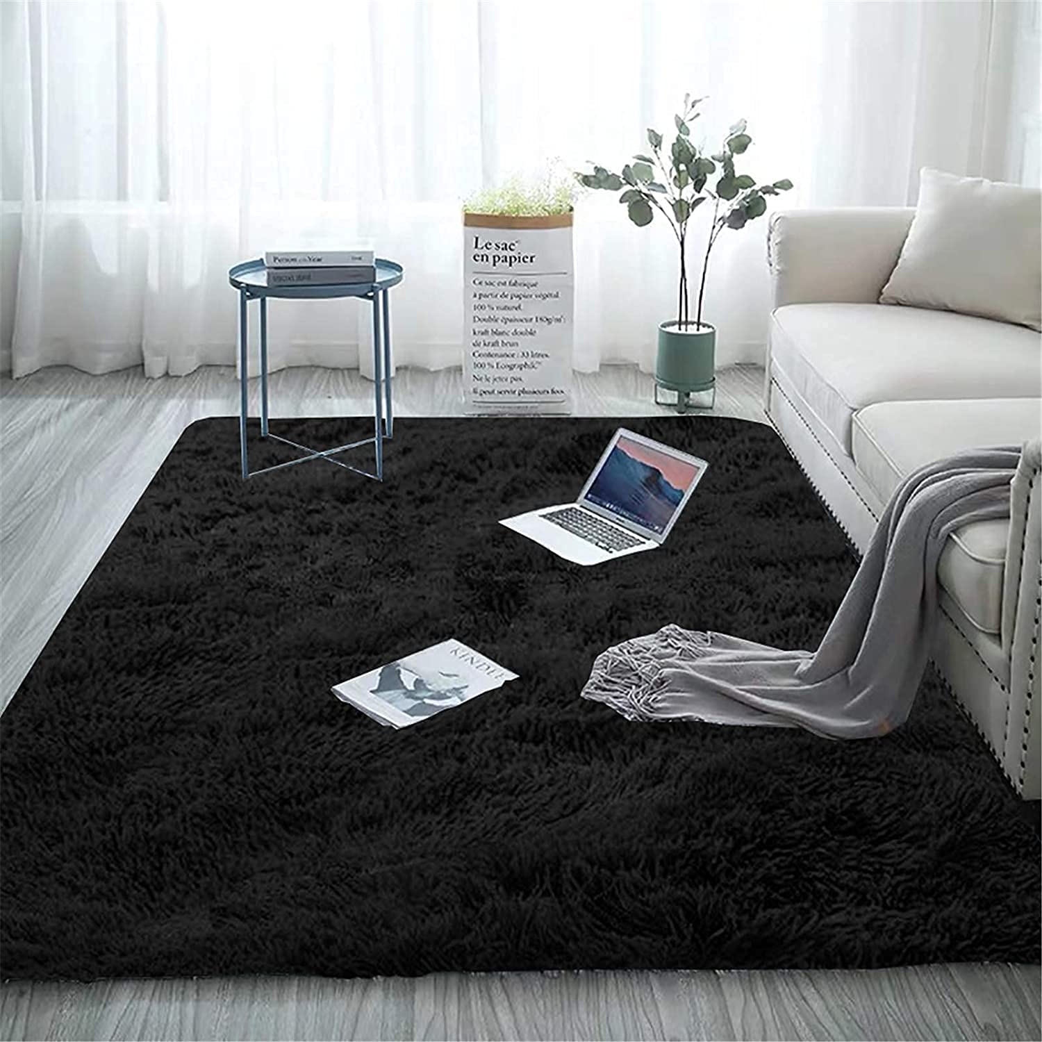 A R Creations Anti Slip Fluffy Fur Plain Shaggy Carpet| Area Rug Made with Polyester and Microfiber for Home, Office, Kitchen, Living Room, Bedroom and Dining Hall (5x7 Feet, Black
