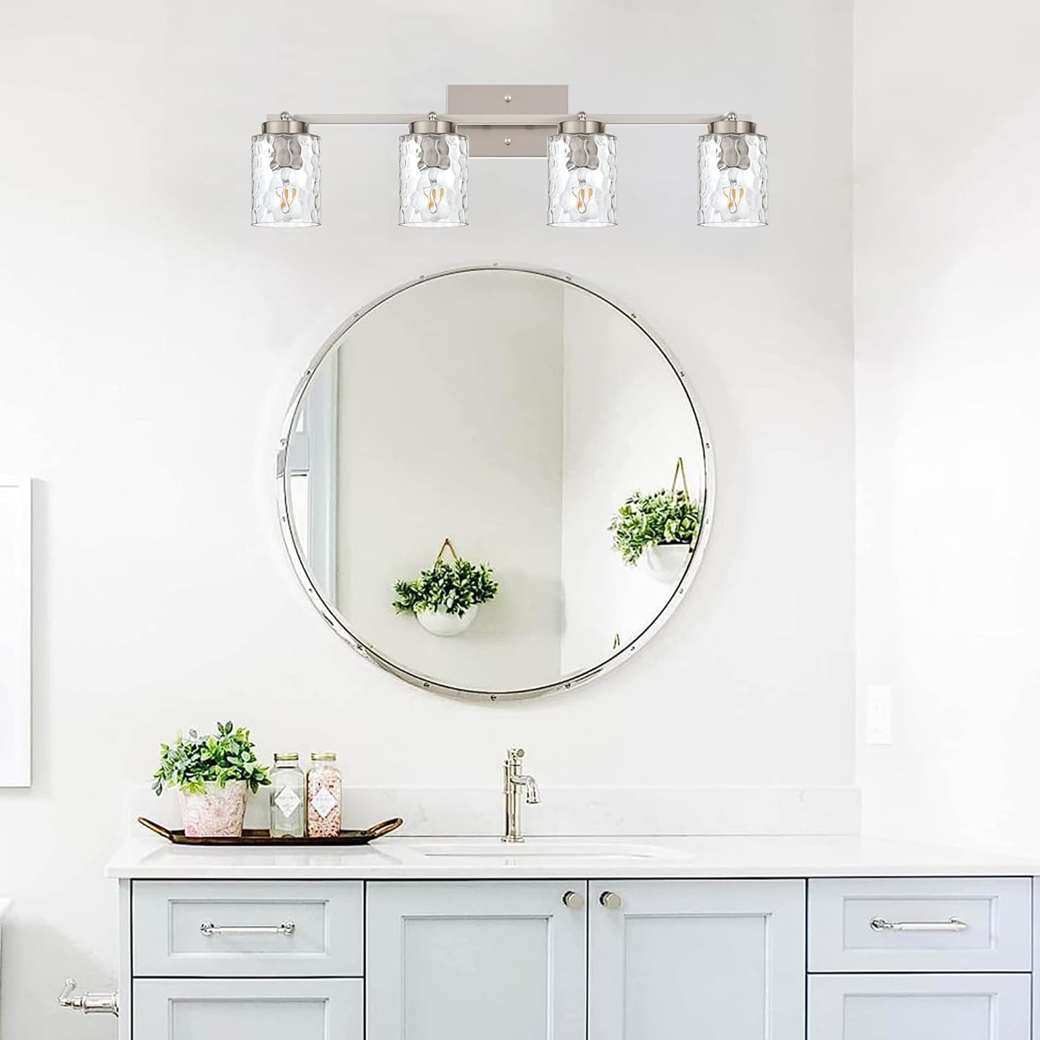 4-Light Tracking Lights Brushed Nickel Rotatable Flush Mount Ceiling Light with Clear Hammered Shade, Modern Bathroom Ceiling Vanity Lights Flexibly Light for Foyer Art Wall Kitchen Hallway