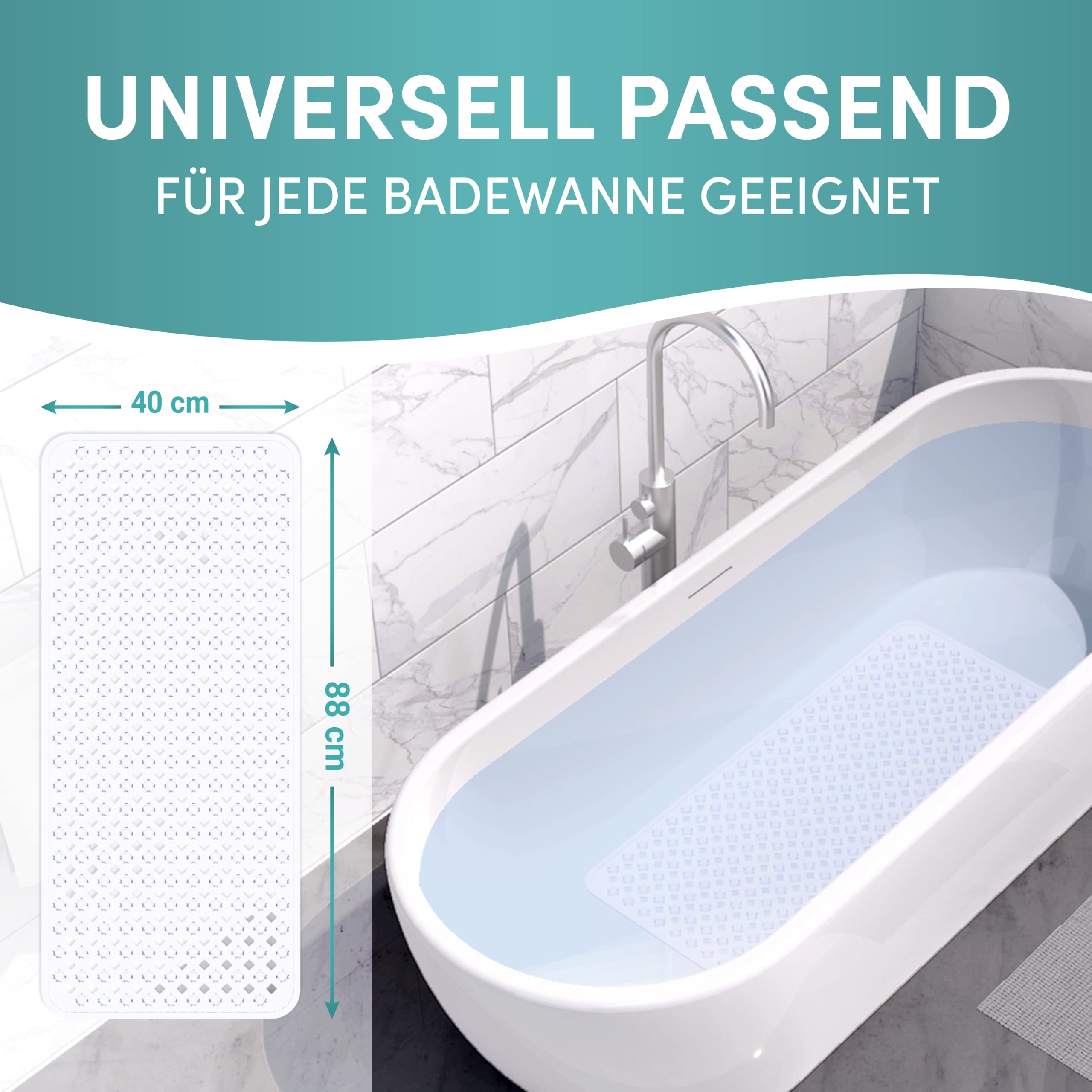 Engelbach® Mata do wanny antypoślizgowa 88x40 cm z 2 haczykami do suszenia – 100% wolna od BPA, odporna na pleśń, nadaje się do prania w pralce, Przezroczysty