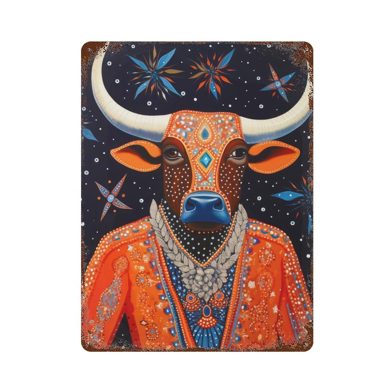 Tribal Animal 13 Bull Rusty Metal Tin Sign 15.7"x11.8", for Pub, Kitchen And Man Cave Decor, Farmhouse Wall Decor