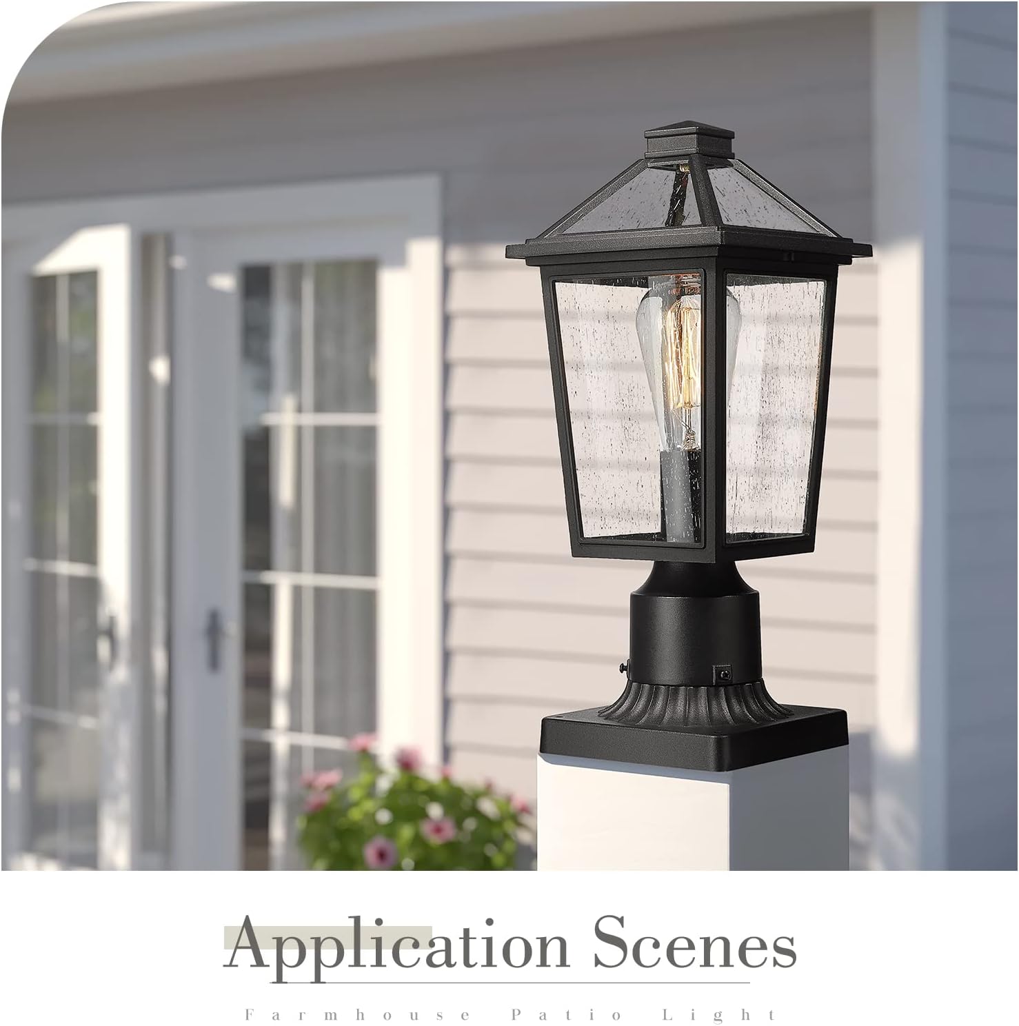 zeyu 2 Pack Outdoor Lamp Post Lights, Modern Farmhouse Exterior Post Lantern Light for Garden, Aluminum with Seeded Glass Shade, Black Finish, ZX58P-2PK BK