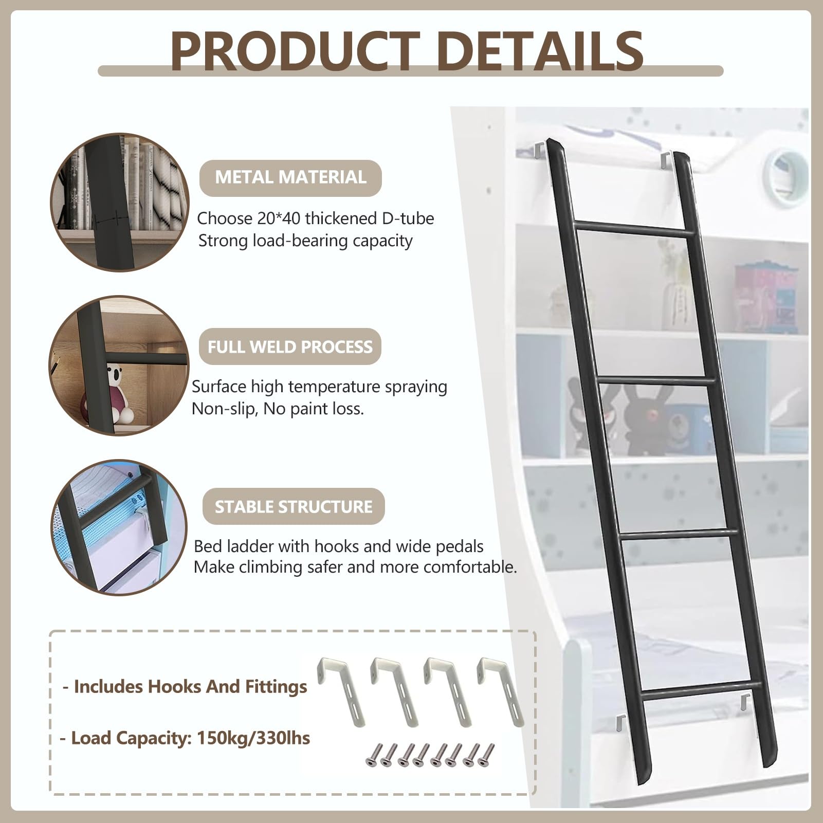 Etagenbettleiter Einhängeleiter, 45"/51"/55"/59" Metallbett-Ersatz-Schrägleiter, 4/5-Stufen-Etagenleiter für Wohnmobile, Universelle Wohnheim-Loft-Kletterleiter (Size : 140cm(55"))
