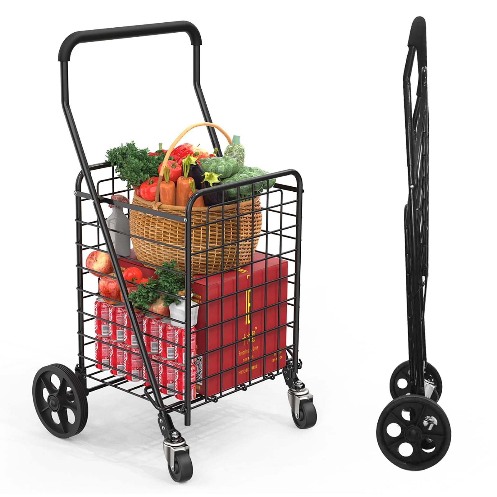 Grocery Shopping Cart with 360° Rolling Swivel Wheels Utility Cart Easily Collapsible Cart Extended Foam Cover, Trolley for Laundry,Groceries,Travel Black (Medium)