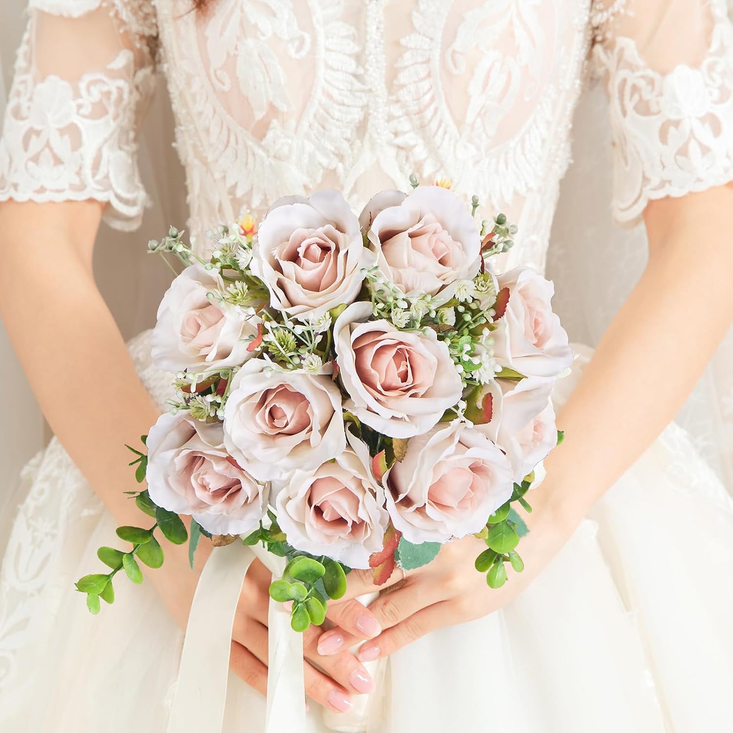 Pink Champagne Roses 10 in, Fake Flowers Wedding Bouquets for Bride, Wedding Silk Artificial Flowers 10pcs for Wedding Party, Ceremony, Anniversary & Home Decor (Come with 3 Styles of 4.5 ft Ribbons) - Image 3