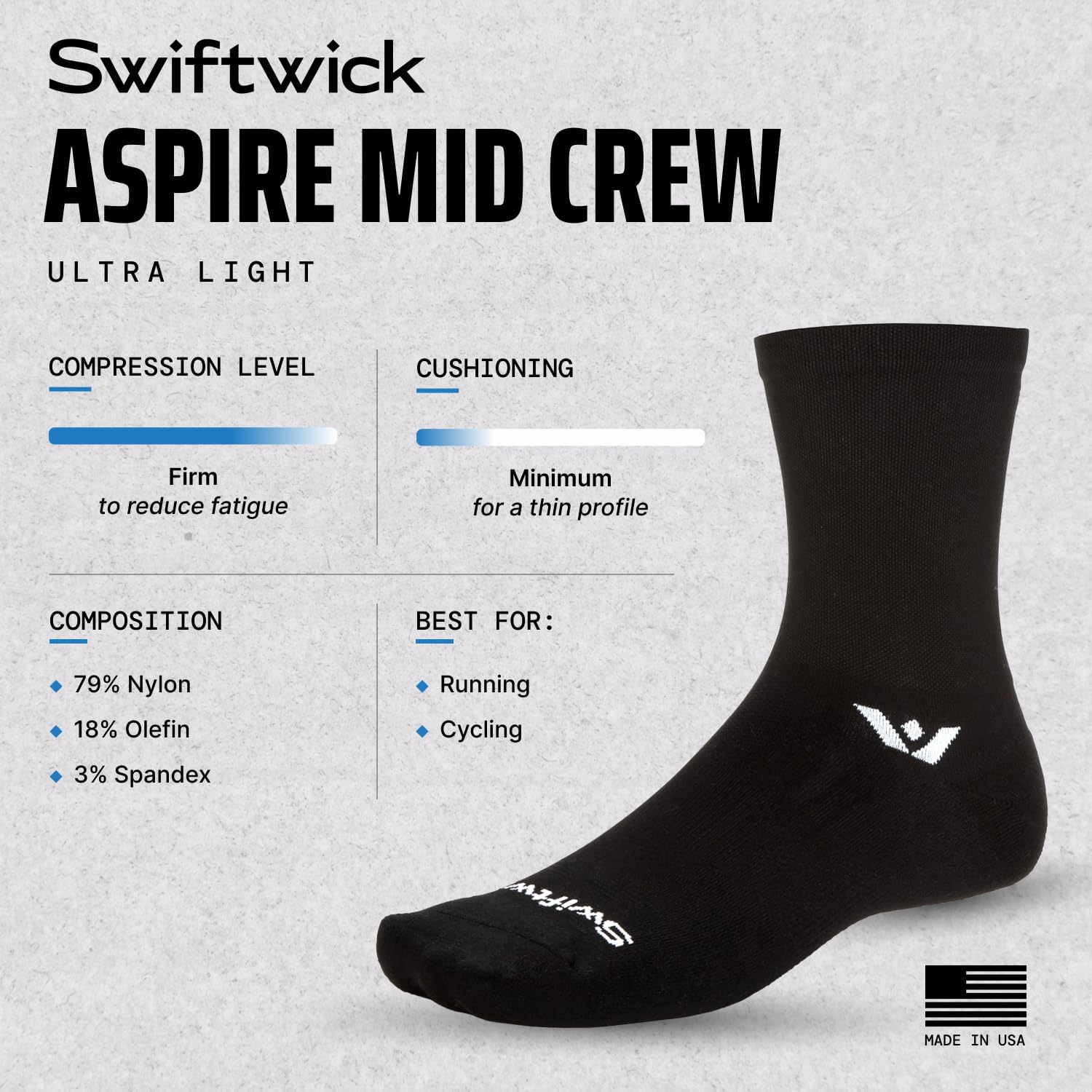 Swiftwick ASPIRE Mid-Crew Socks for Running & Cycling, Men & Women | Firm Arch Support - Quick Dry Comfort - Y-shaped Heel Fit - Lightweight Feel - Blister Resistant - Mesh Ventilation
