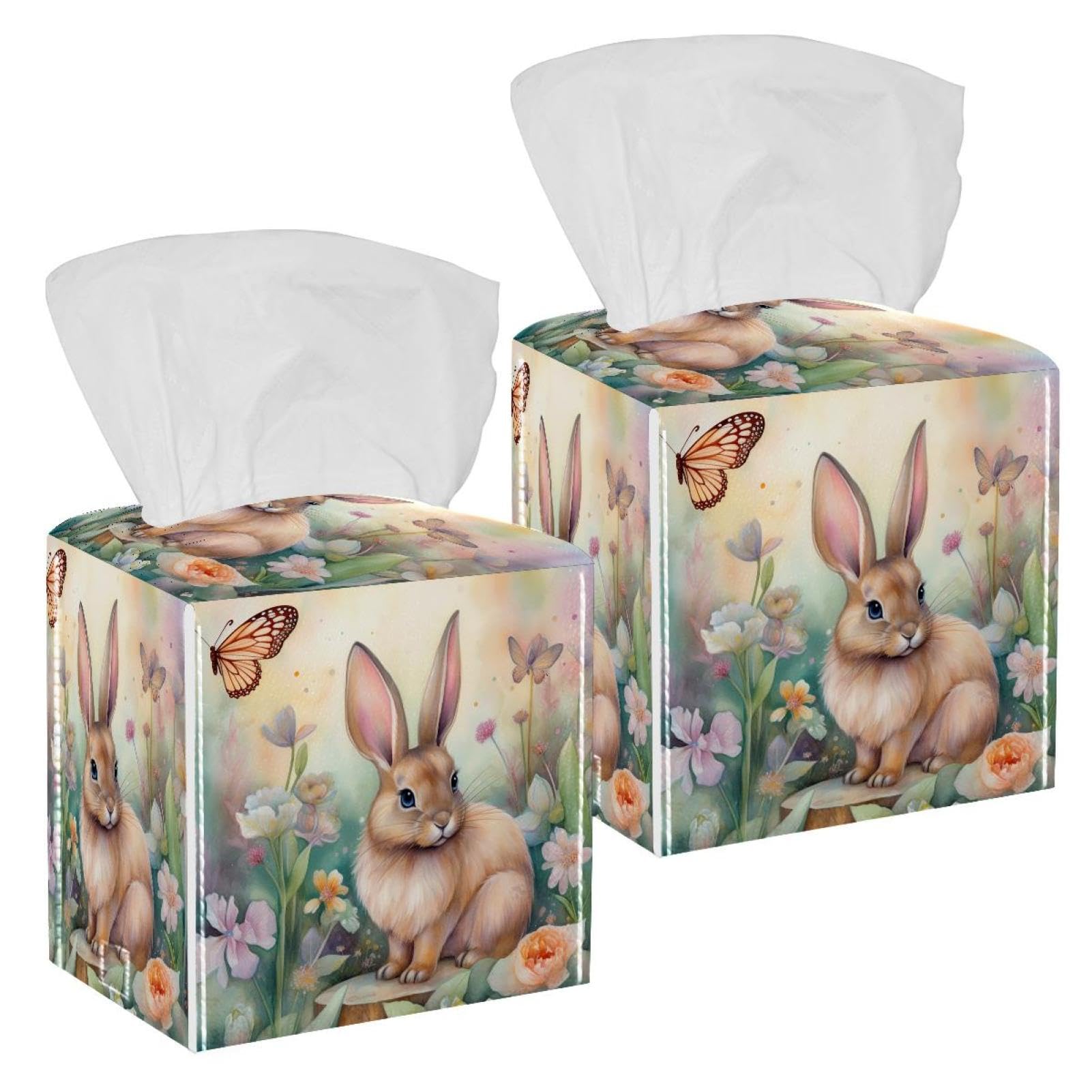 Floral Rabbit Butterfly Tissue Box Cover, 2 Pack PU Leather Square Facial Tissue Dispenser Box holder for Home Office Car