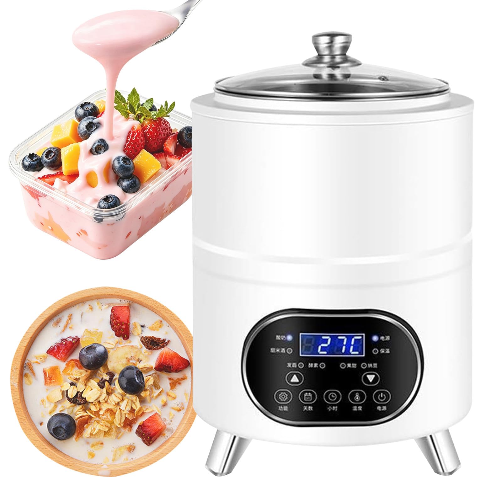 Máquina Hacer Yogur Comercial 8L/12L, Yogurtera Eléctrica Con Pantalla LED, Fermentación 360° Uniforme, Forro Acero Inoxidable, Calentamiento Uniforme De 360° Y 6 Menús Preestablecidos White-12L
