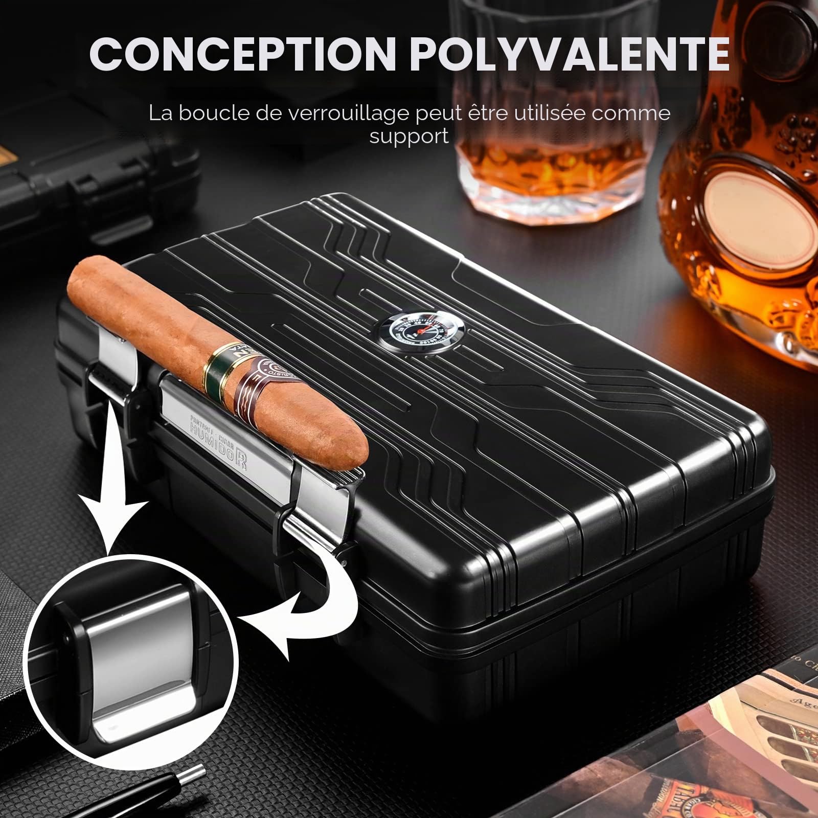 CIGARLOONG Cave à cigares Voyage étui à cigares Double Couche avec hygromètre et humidificateur(Couleur:Noir)