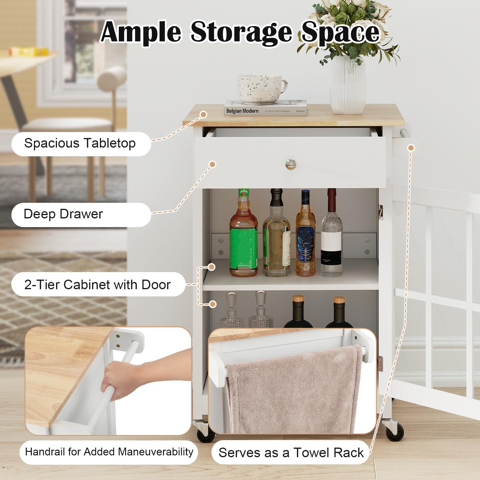 KOMFOTTEU Carrello da cucina con ruote, carrello di servizio con cassetto, porta in vetro temperato, portasciugamani in legno di gomma, tavolo da bar mobile con ripiano regolabile per soggiorno