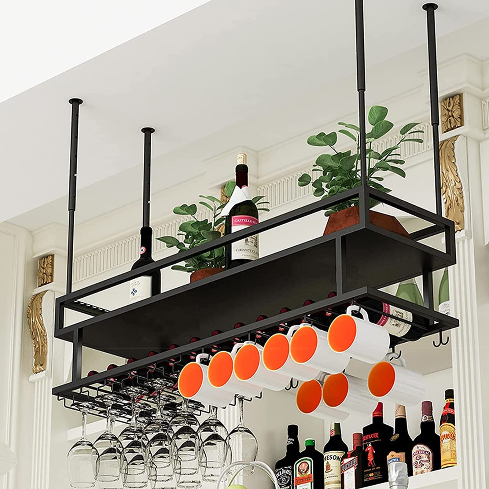 Amazon｜2段吊り下げ収納スタンド、天井金属ワインラック、高さ
