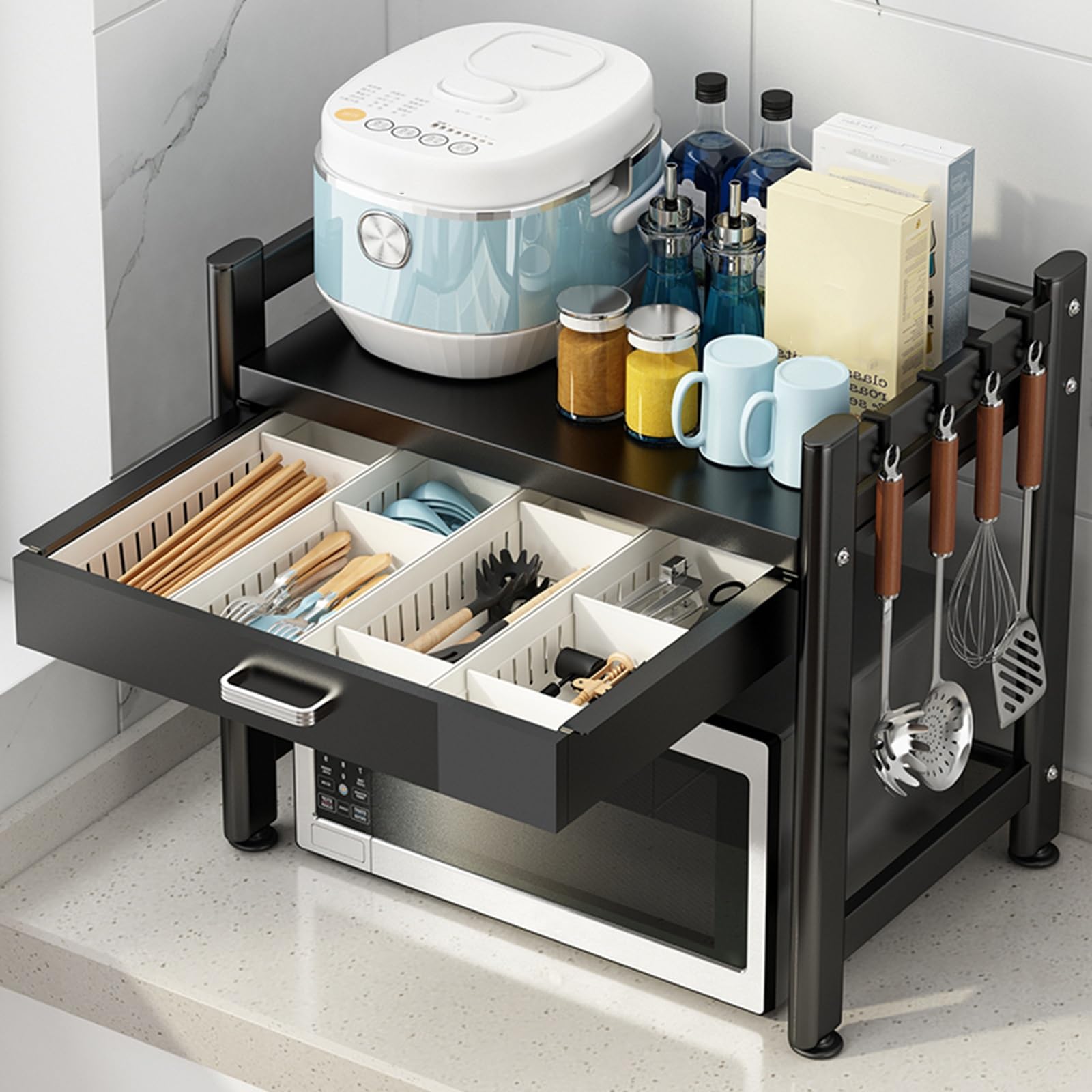 Generico Supporto Per Forno a Microonde da Banco con Cassetto e Gancio, Mensola Microonde, Ripiano Portaoggetti da Cucina In Metallo, Organizer per Ufficio, Salvaspazio, Nero