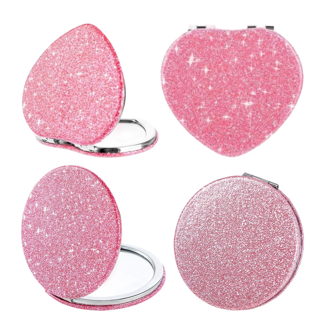 2 Pcs Specchietto da Borsetta Mini Glitter Specchio da Trucco Pieghevole Portatile 2 Lati 1x/2x Ingranditore per Donne e Ragazze (Rosa)