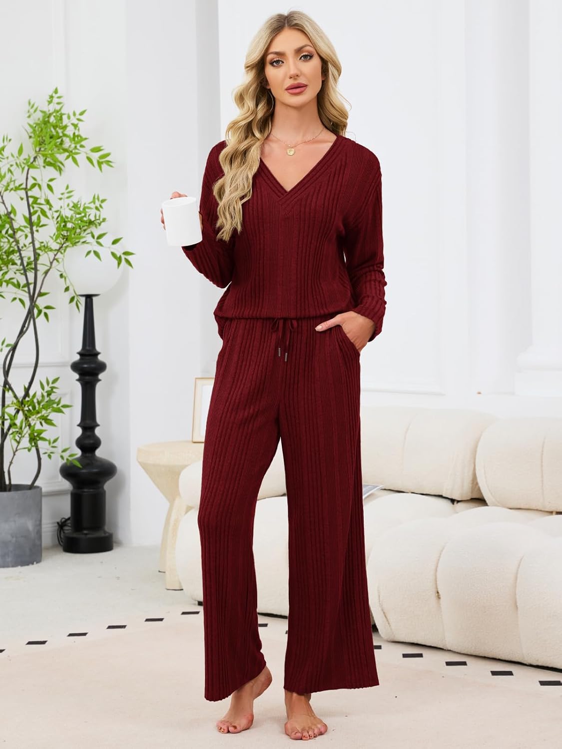 Lounge Sets for Women Ribbed Knit Pajamas 2 Piece Matching Sweatsuits Long Sleeve Sweater Tracksuit Travel Outfits - Image 5