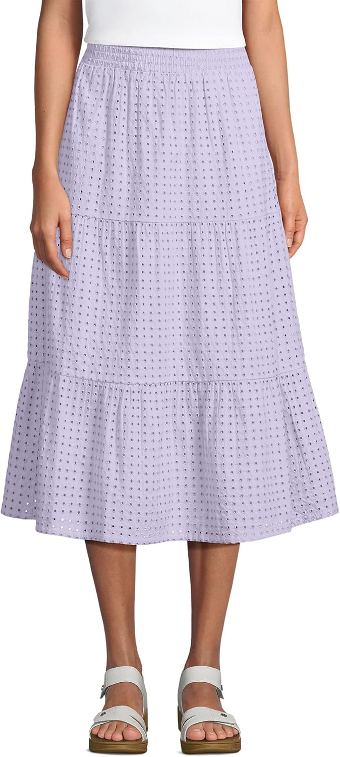 Lands' End Women's Poplin Elastic Waist Tiered Midi Skirt