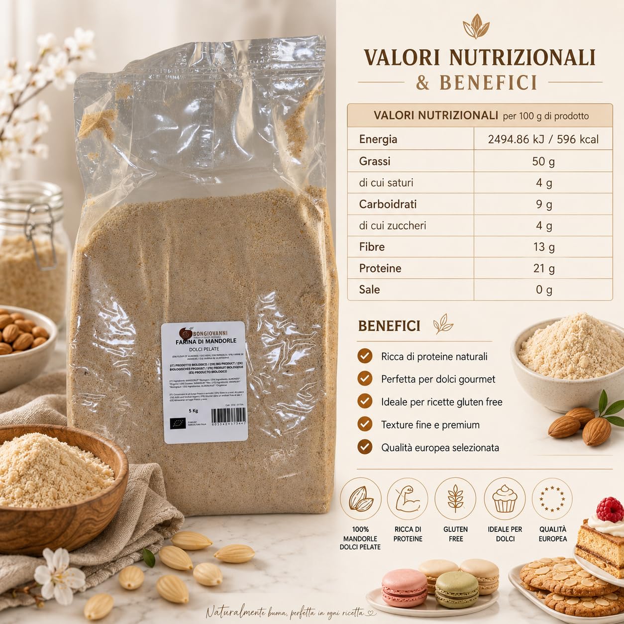 Bongiovanni Farine E Bonta' Naturali Farina di Mandorle Pelate 5Kg BIO