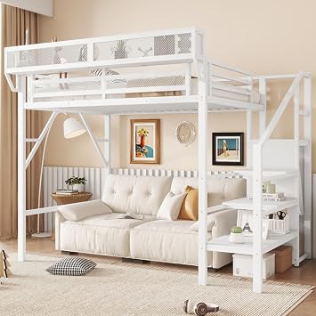 Twin XL Size Loft Bed with Storage Stairs, Converted Metal Loft Bed Frame with Storage Shelves, Wardrobe, Space Saving, for Kids Adults, No Box Spring Needed, White
