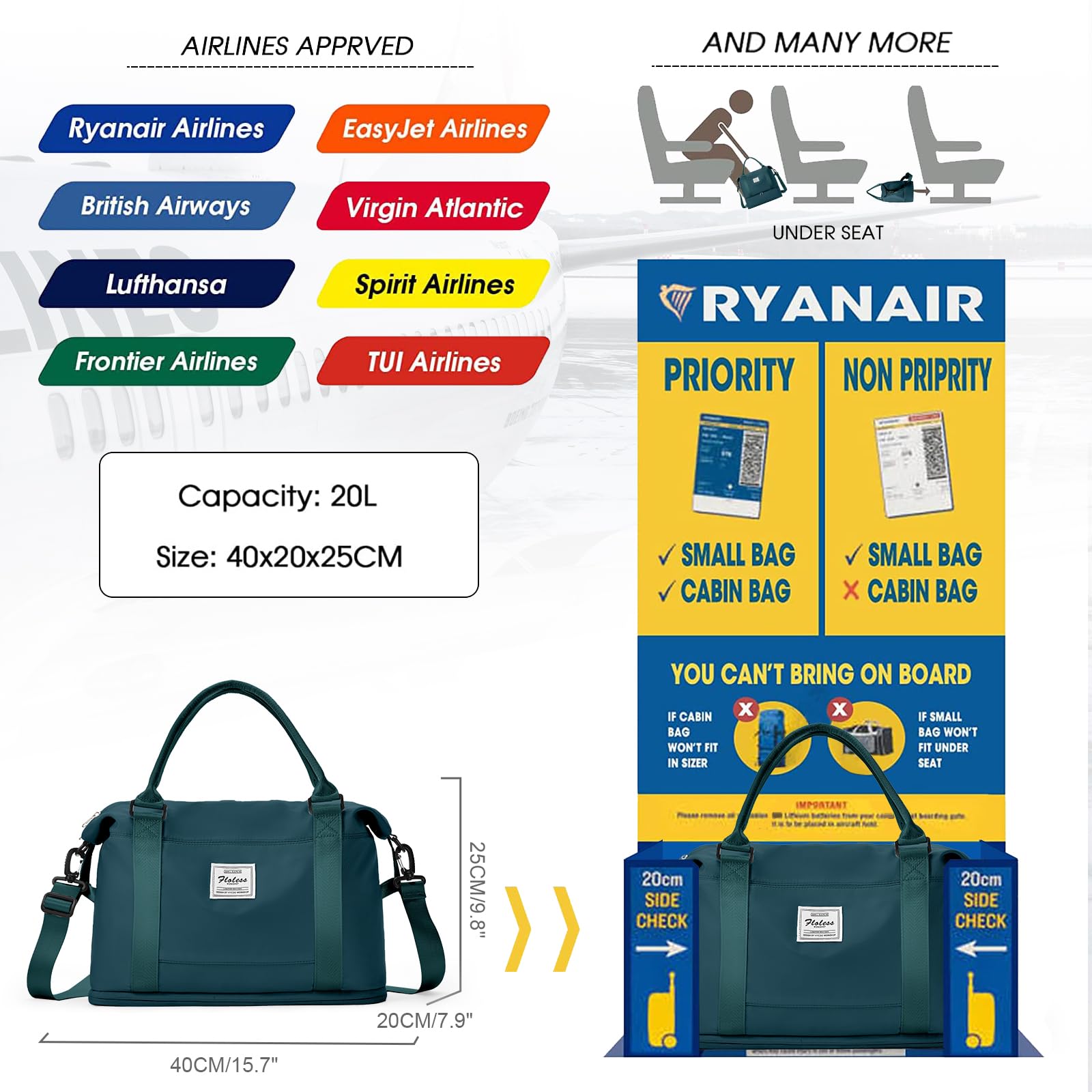 Borsone da Viaggio Donna, 40x20x25 Ryanair Bagaglio a Mano Borsa da Viaggio con Scomparto per le Scarpe, Borsa Sportiva Borsone da Palestra Grande, Borsa da Weekend,Borsa per Ospedale,F4-Blu pavone