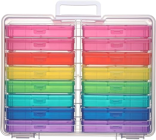 PCA Photo Storage Box 4" x 6" Cases With Handle - 16 Inner Keeper, Large Organizer, Plastic Craft Case for Stickers, Stamps, Jigsaw, Vegetable Seeds