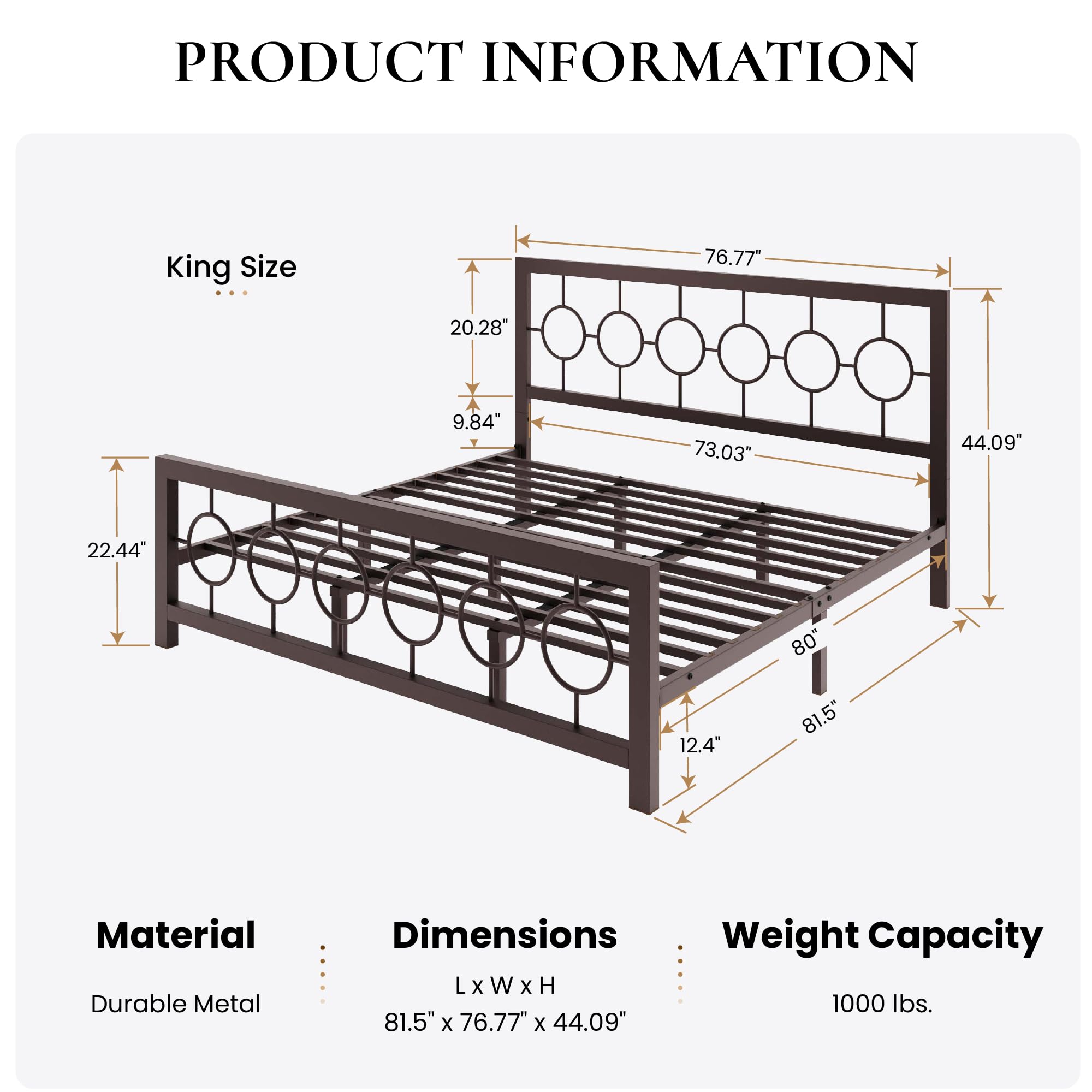 SHA CERLIN King Size Metal Bed Frame with Vintage Circular Design Headboard and Footboard,No Box Spring Required, Easy Assembly,Noise-Free,Brown