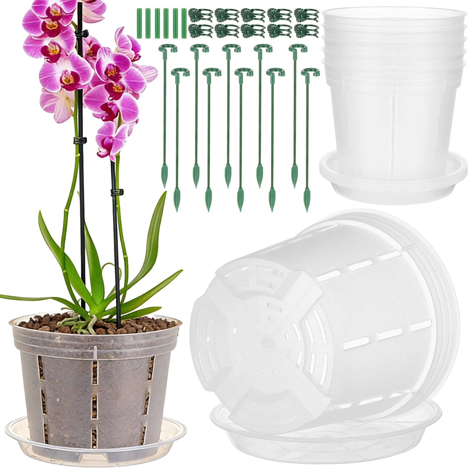 6 Pack Clear Orchid Pots with Holes 6 Inch Plastic Orchid Planters with Saucers Drainage 10 Plant Stakes 10 Orchid Clips 6 Connectors for Healthy Root Growth, Orchid Repotting Kit for Indoor Outdoor