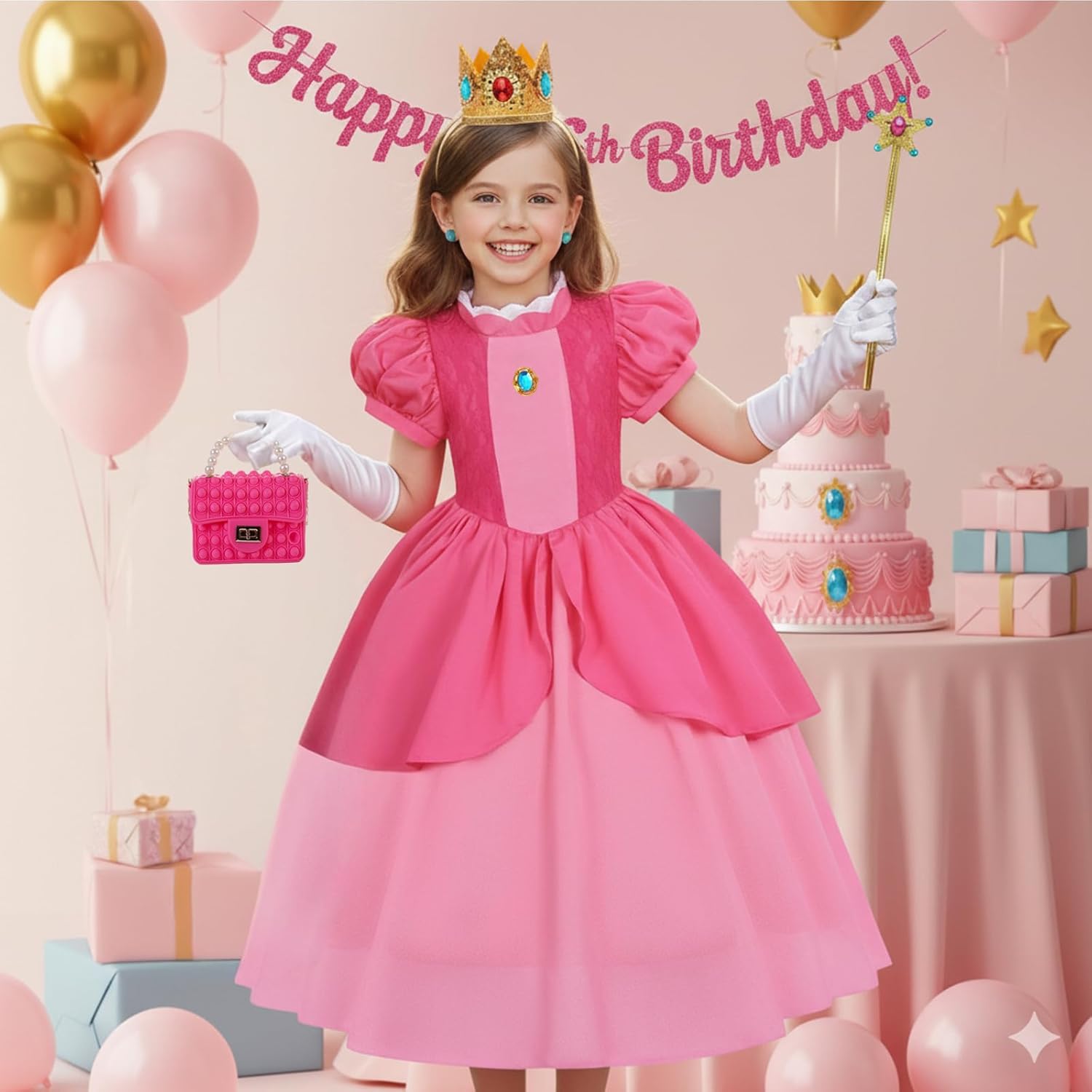 Girls Princess Costume Dress with Crown Gloves Wand Handbag, Funny Kids Video Game Theme Party Halloween Outfits