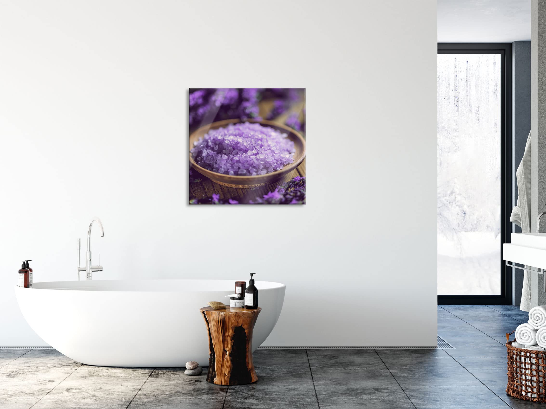 Pixxprint Glasbild, Wandbild auf Echtglas, Badesalz auf Holzuntergrund, 50x50 cm, inkl. Aufhängung und Abstandshalter