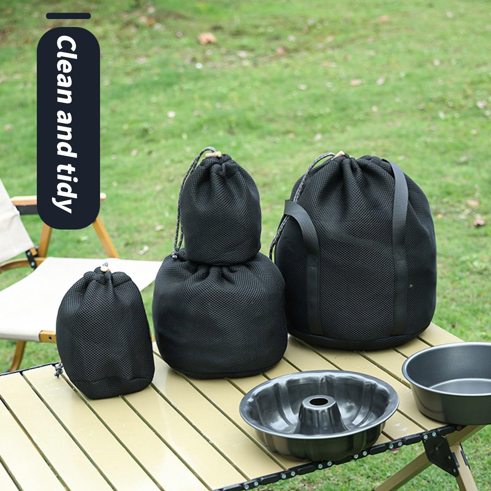 Borsa per pentole da campeggio leggera e ventilata con chiusura a coulisse e tasche in rete per riporre attrezzi da esterno Borsa per riporre pentole da campeggio in tessuto a rete con coulisse da