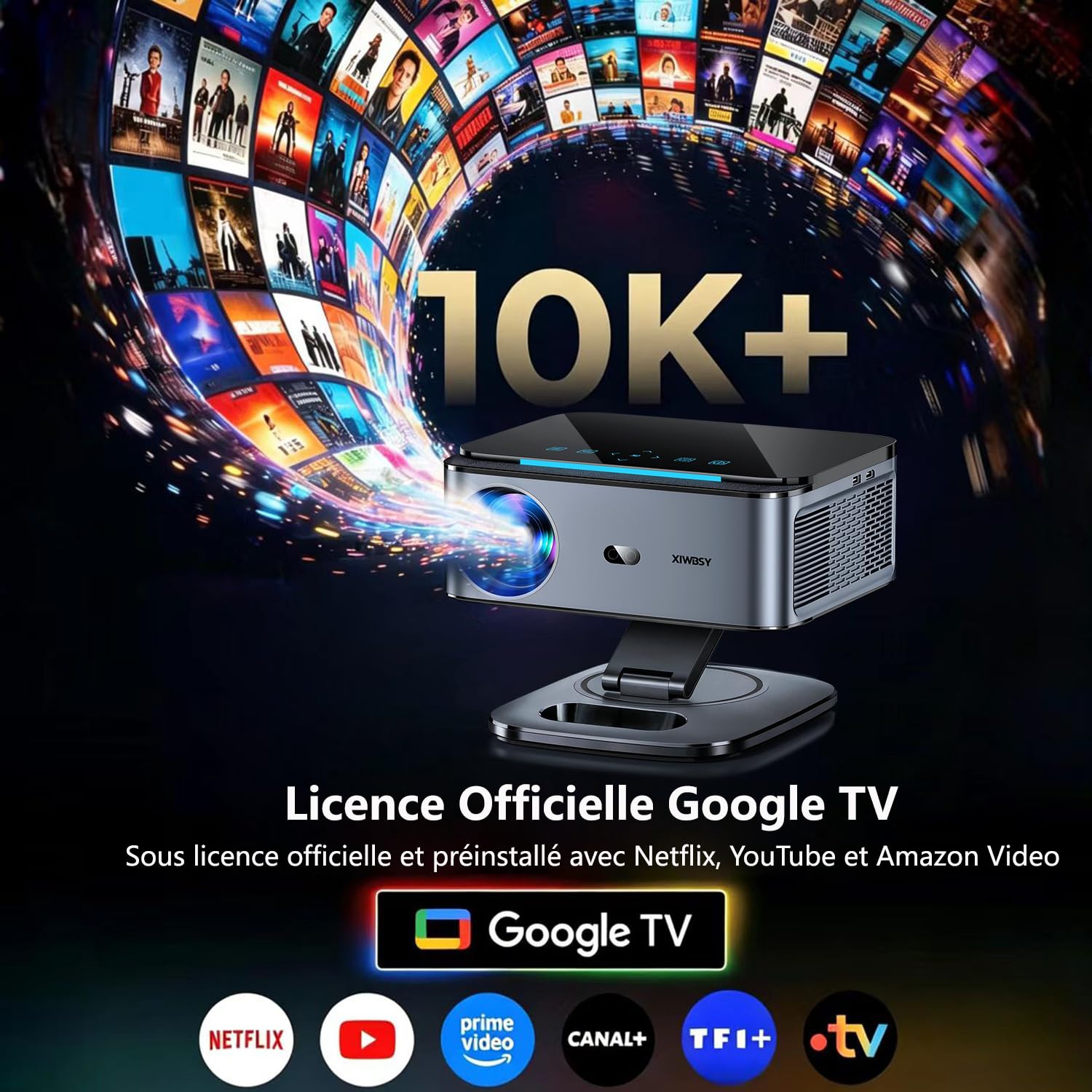 Google TV Videoprojecteur 1500 ANSI Autofokus 4K WiFi6 Official Apps | Projecteur Video 38000 Lumen FHD, Rotation 360°, Live TV, Projecteur Bluetooth Contrôle Vocal, Projector Home Cinéma