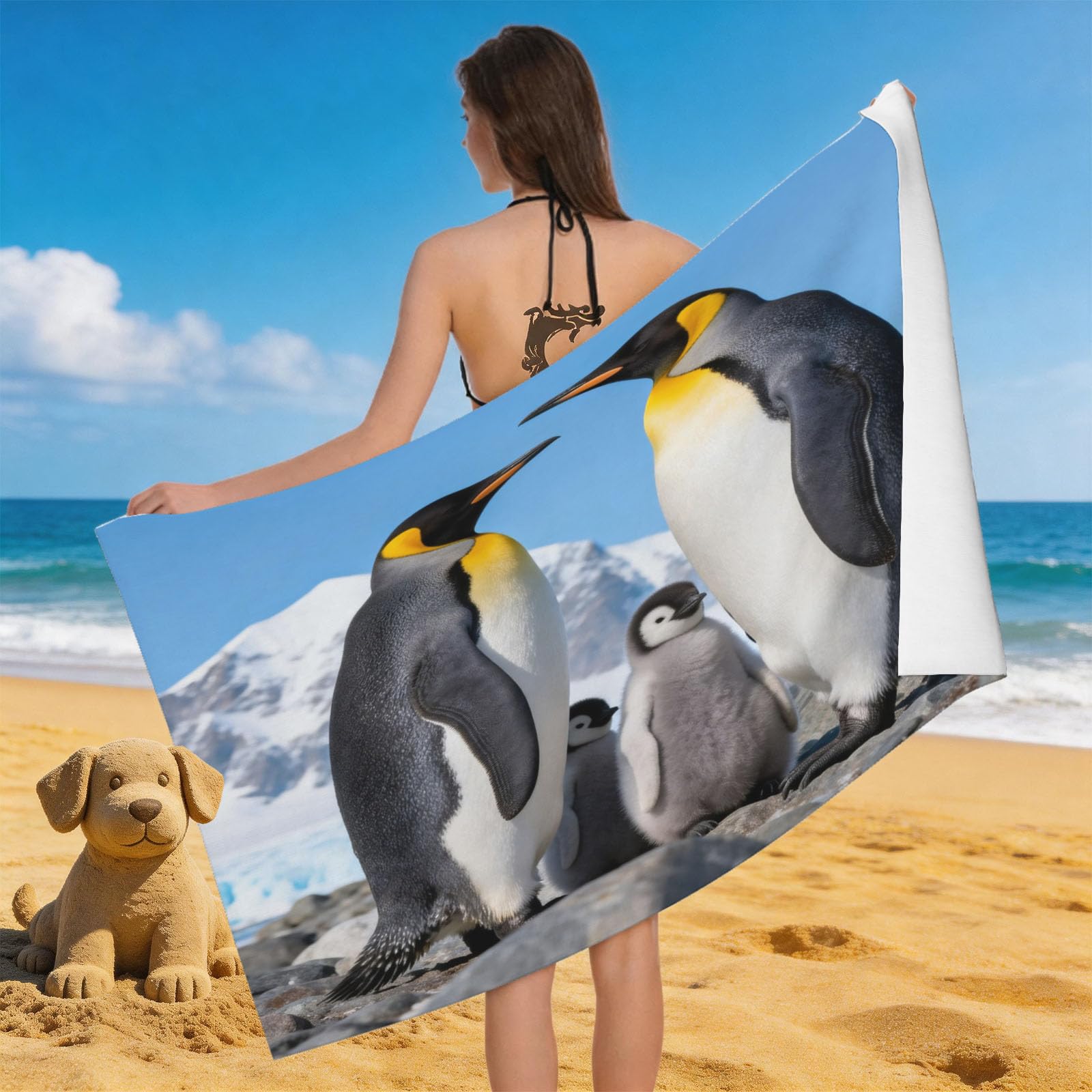 Leichong 3D Penguin Beach Towel Large Microfiber Soft Quick Dry for Adults, Antarctic Scenery Bath Towel Lightweight Soft Absorbent for Travel Swimming Pool Sports, 80 x 160 cm
