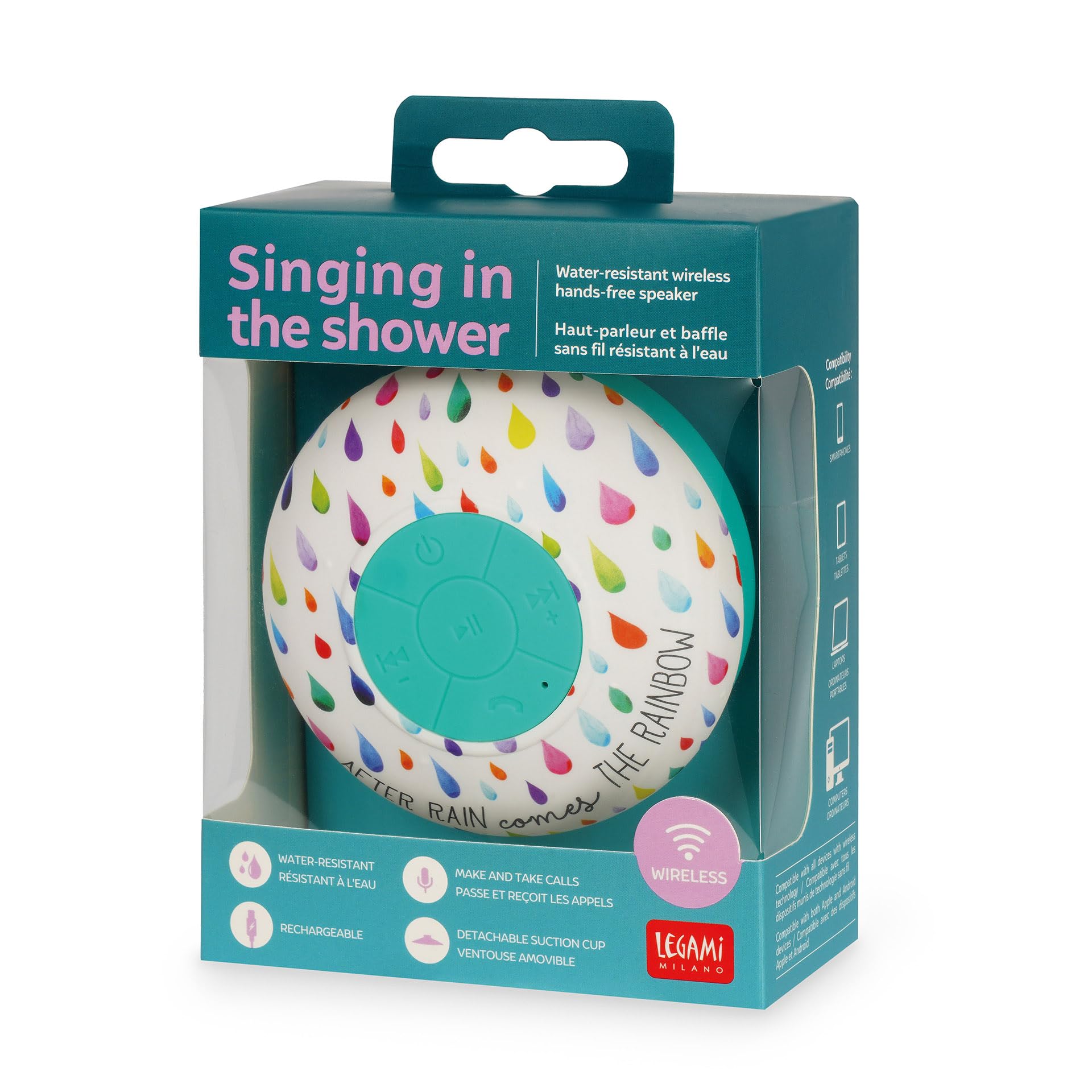 Legami - Vivavoce e Speaker Wireless Resistente all'Acqua, Singing in the Shower, After Rain, con Ventosa Removibile, Microfono Integrato, Cavo Type-C di Ricarica Incluso