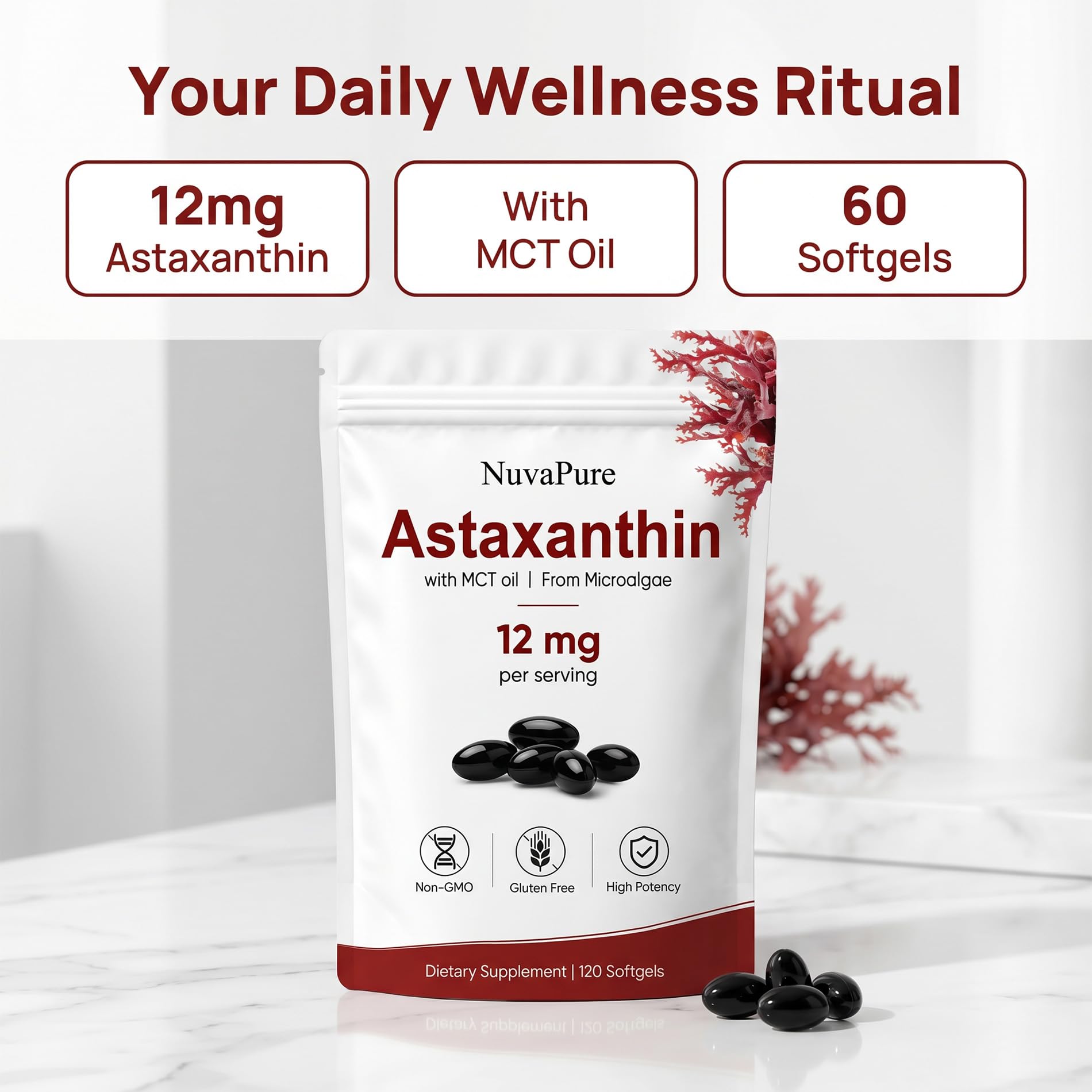 NuvaPure Astaxanthin 12mg with MCT Oil, Natural Astaxanthin from Haematococcus Pluvialis Microalgae, Daily Antioxidant Support Softgels, Non-GMO, Gluten-Free, Soy-Free, 120 Count (1) — Amazon image 6