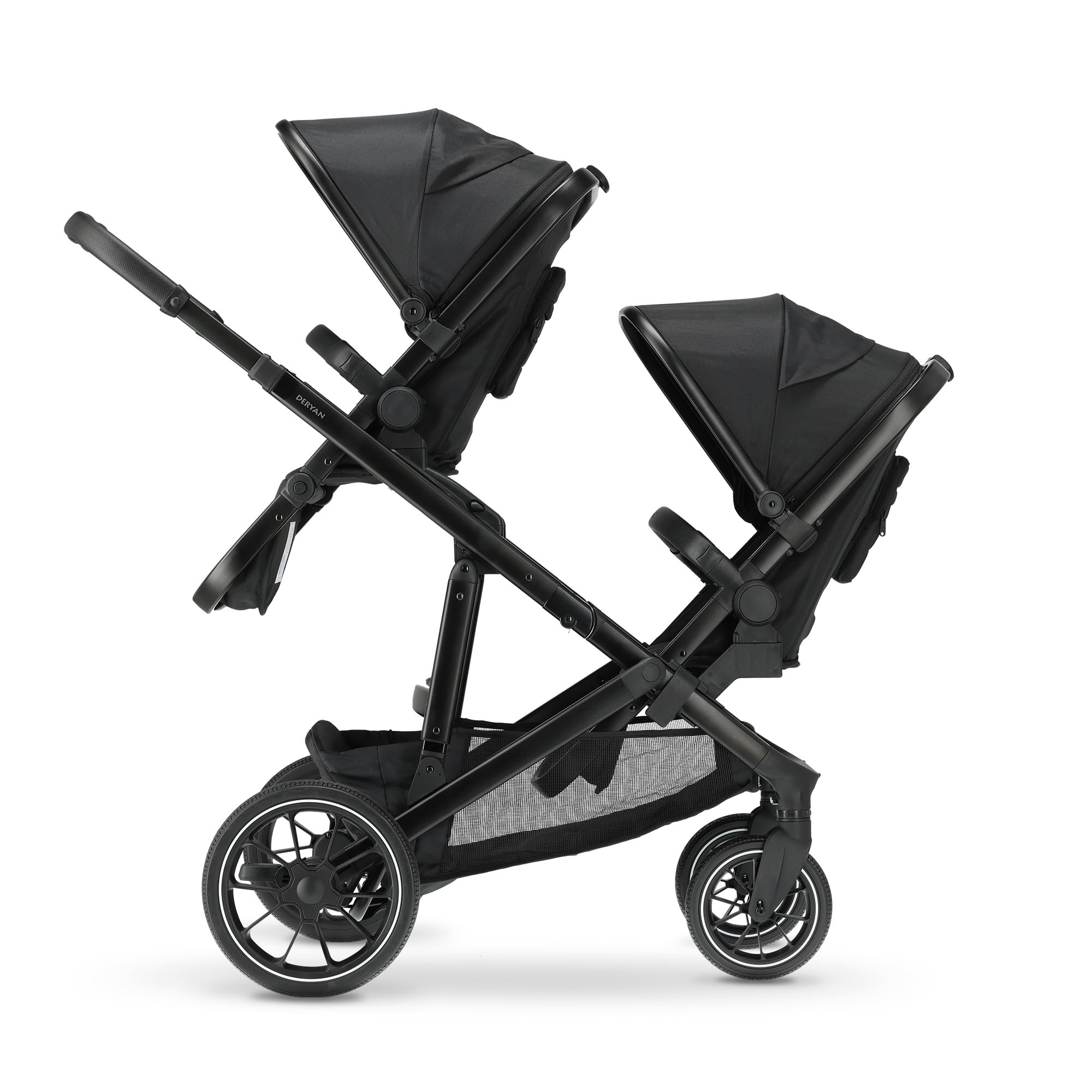 Deryan Evy V2 Passeggino per 2 bambini, Duo Tandem, 0-4 anni, doppio Duett, per neonati e bambini in età prescolare, carrozzine fino a 50 kg, passeggino, passeggino da viaggio 2 in 1, Nero con zecca