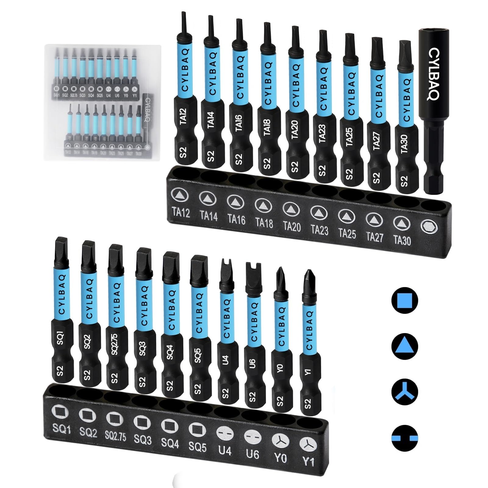 CYLBAQ Square Screwdriver Bits Triangle Screwdriver Bits and Tri-Wing U-Shape Screwdriver Bit Set, S2 Steel 1/4” Hex Shank 50mm Magnetic Security Screwdriver Bit Sets with 60mm Bit Extension Holder — image 1