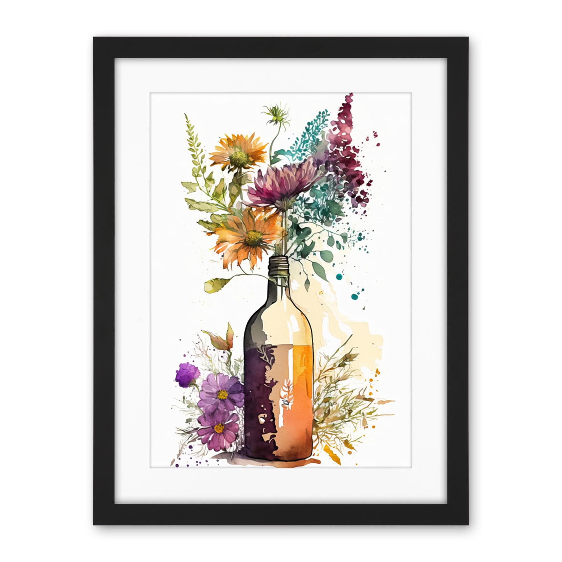 Artery8 Spring Wildflower Bouquet in a Glass Wine Bottle Artwork Framed Wall Art Print 18X24 Inch