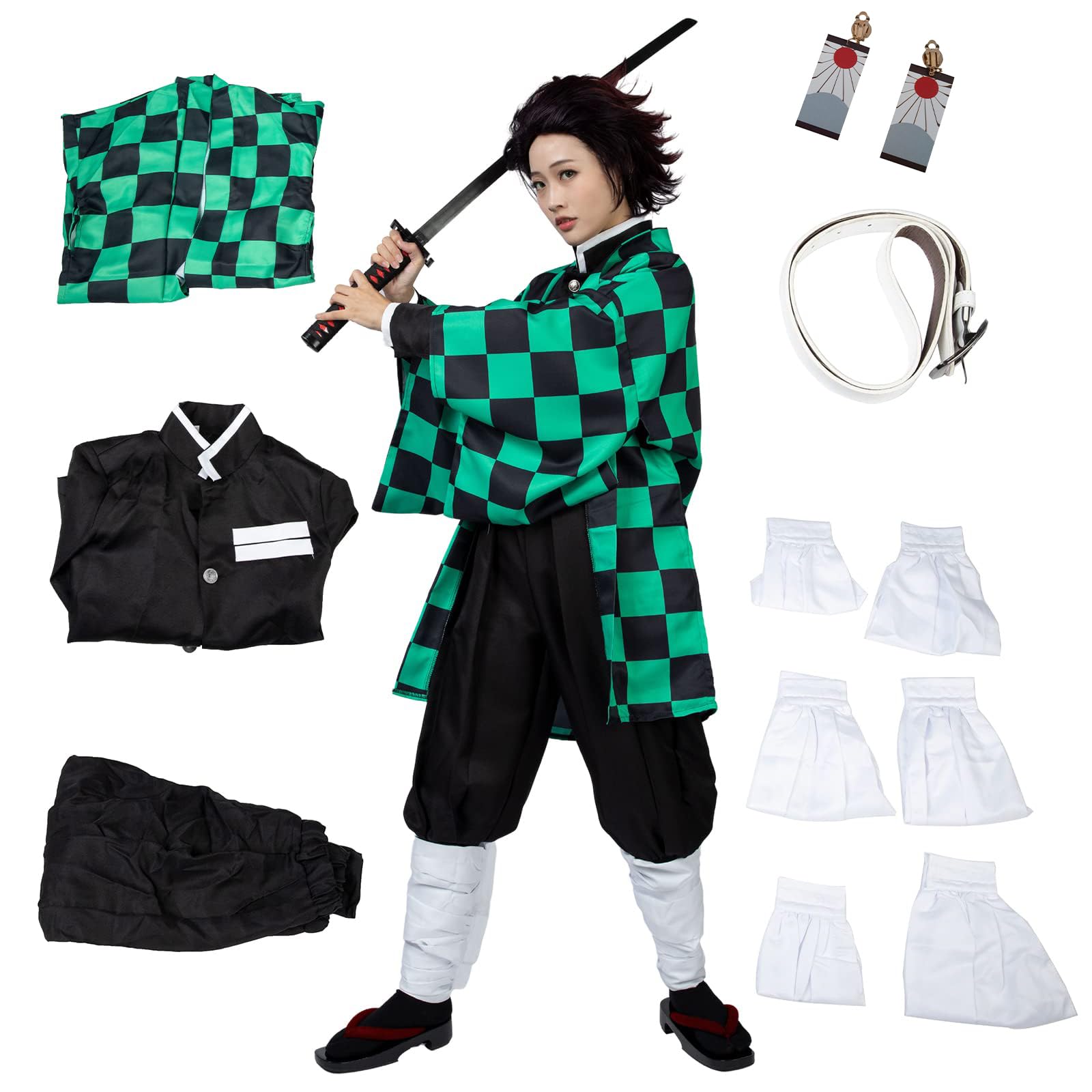 Cosfun Kamado Tanjirou Cosplay Costume Kimono Outfits with Cloak Halloween Costume mp005092