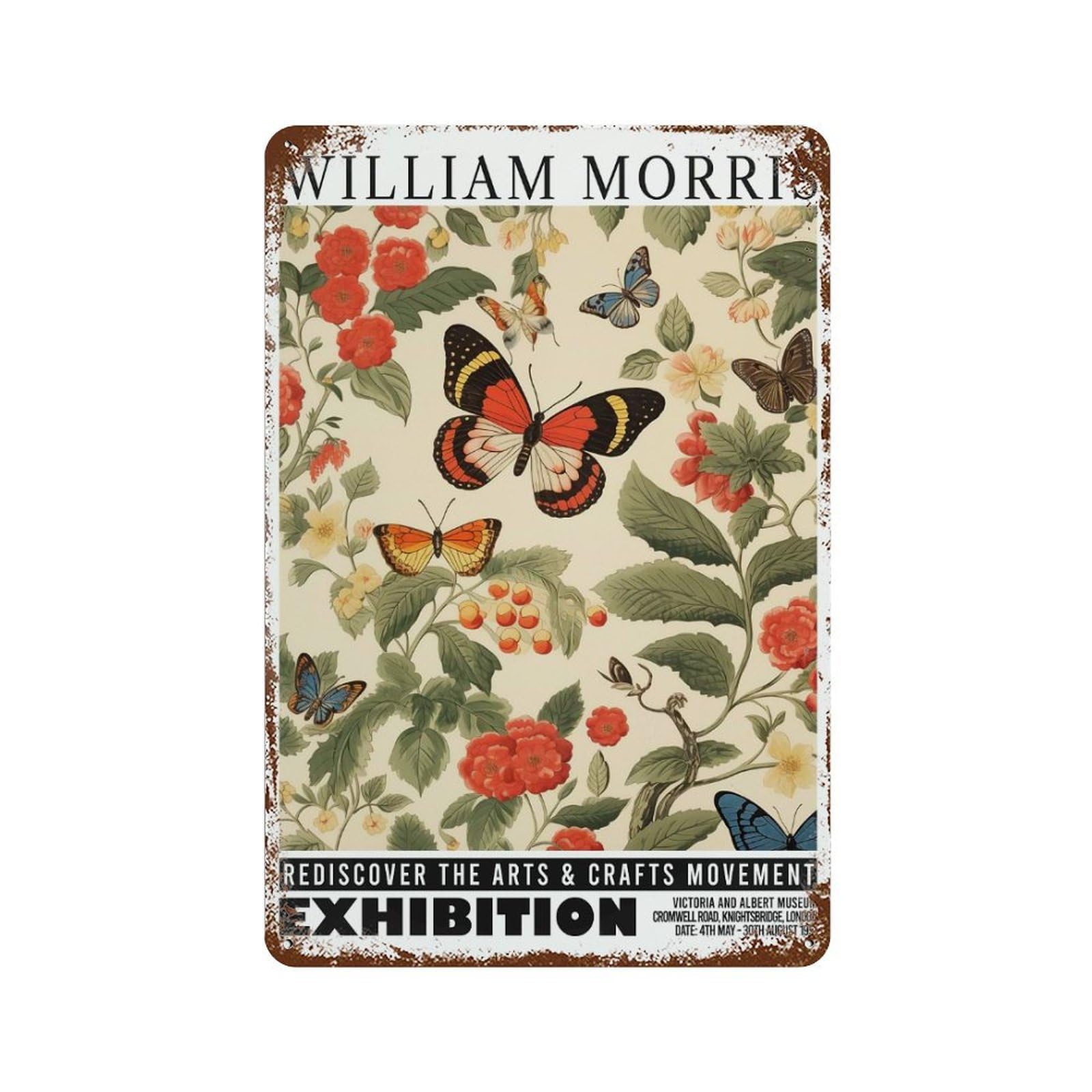 Rusty Metal Tin Sign with Morris Butterfly Floral Exhibition Design 11.8"x7.9", for Farmhouse, Kitchen And Entryway Decor, Classic Wall Plaque