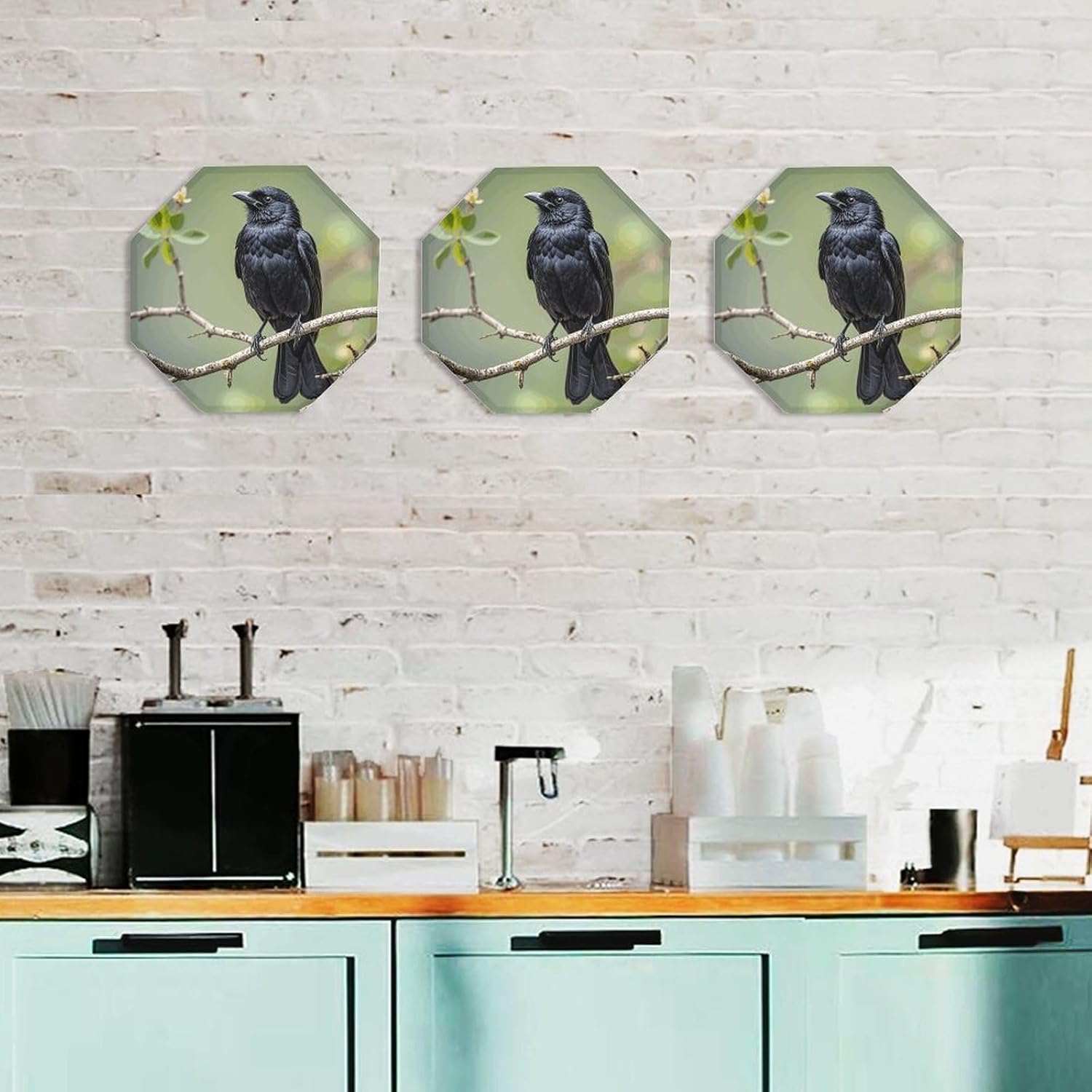 Ctagon Metal Sign for Home, Modern Display Plate for Kitchen, Black Crow Birds on A Branch Plates Accent Hanging Wall Decorations 3PCS for Living Room, Bedroom, Hallway, Hotel
