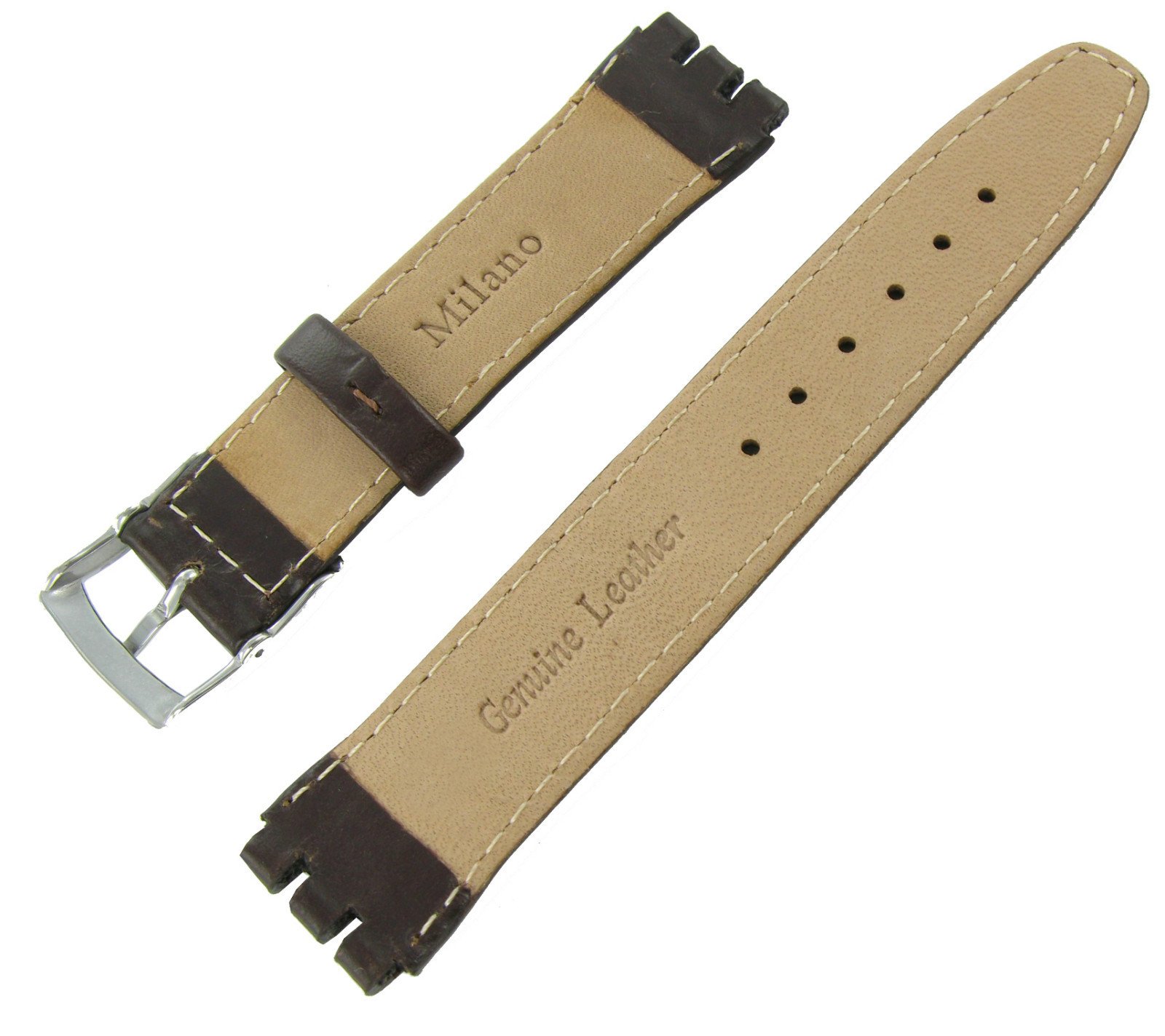 17mm Genuine Oiled Leather Padded Stitched Dark Brown Watch Band Fits Swatch