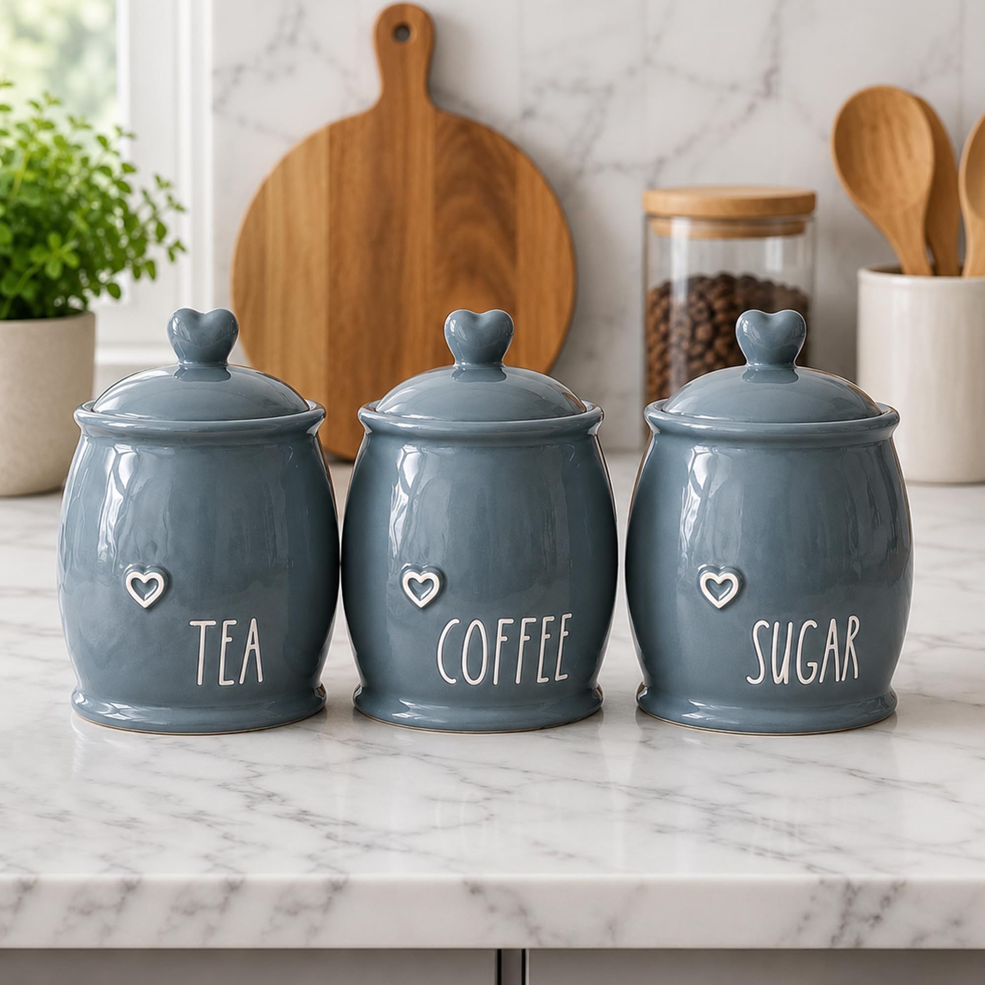 BMLIMITED Ceramic Tea Coffee Sugar Canister Set White Kitchen Storage Jars with Heart Lids Rustic Farmhouse Countertop Pots UK Kitchen Accessories (Grey)