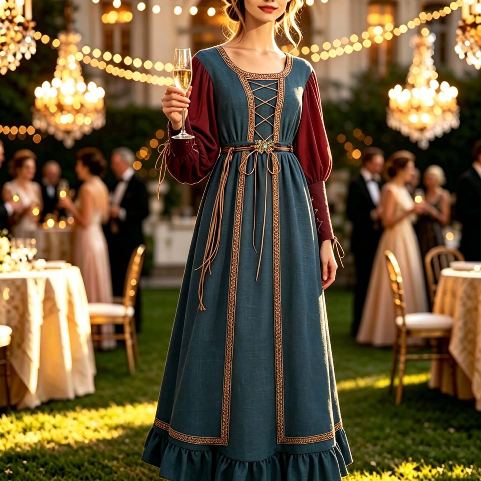 Generico Abito Da Ballo Donna Medioevale Manica Lunga Gotico Pirata Vintage Vita Alta Sera Vichinga Bavarese Halloween Carnevale Abbigliamento Cintura Donna Autunno Inverno Vestito Top